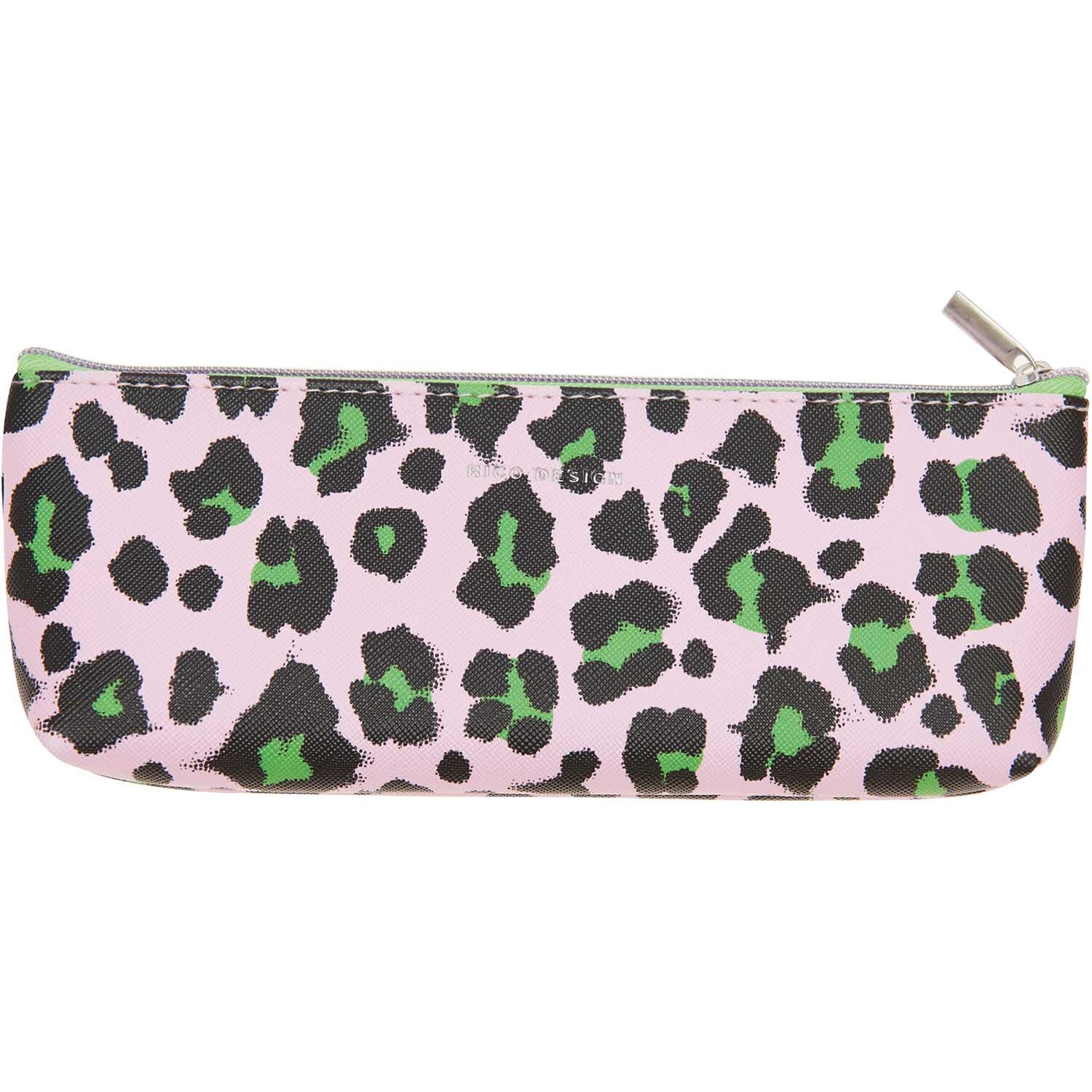 Etui Acid Leo in Rosa und Neongrün von Rico Design mit Leopardenmuster, 20x6,5cm groß.