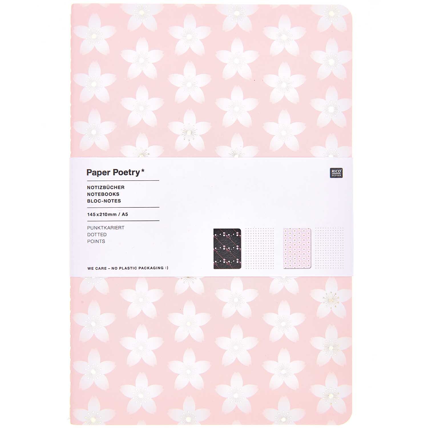 Paper Poetry Notizbücher mit Kirschblütenmuster in Rosa und Schwarz, A5, 2er-Set von Rico Design.
