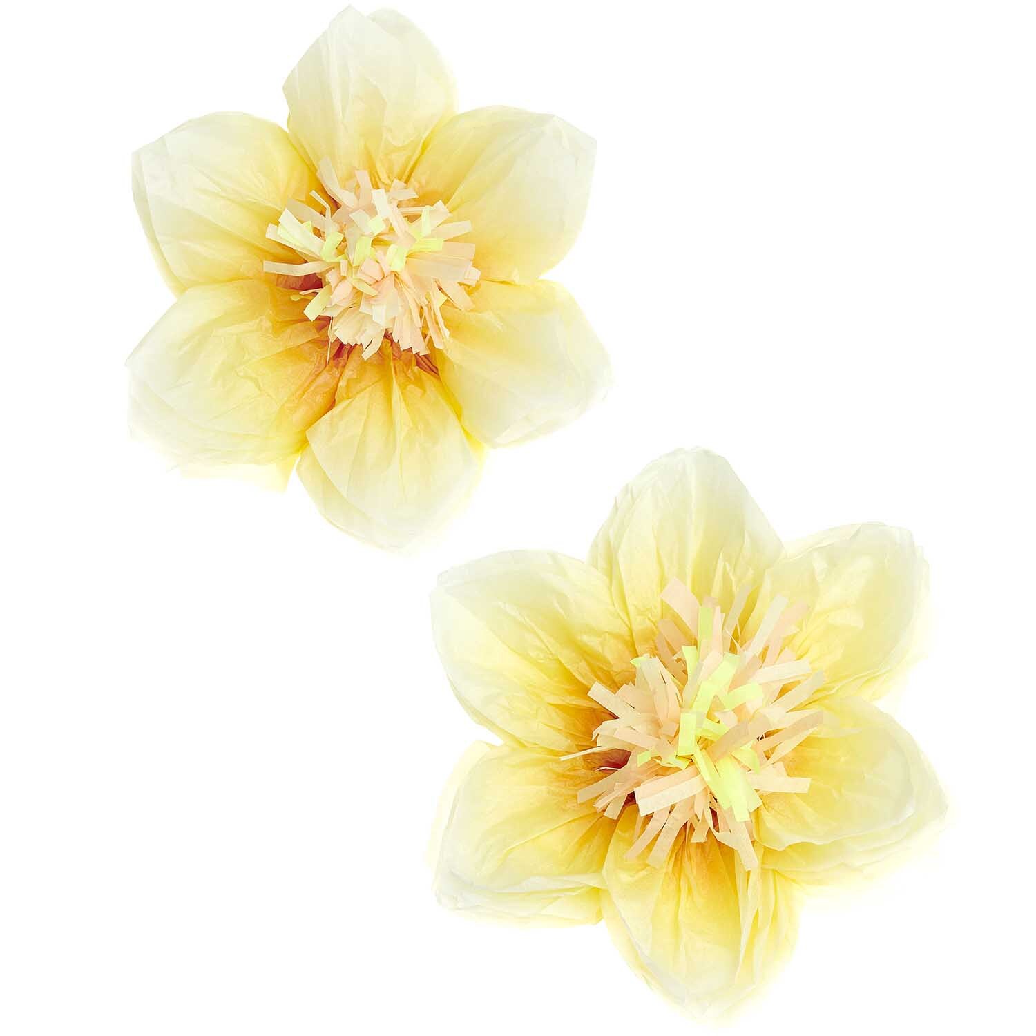 Seidenpapierblumen Osterglocken von Rico Design, zwei gelbe Blüten mit Ø30cm, dekorativ und detailreich gestaltet.