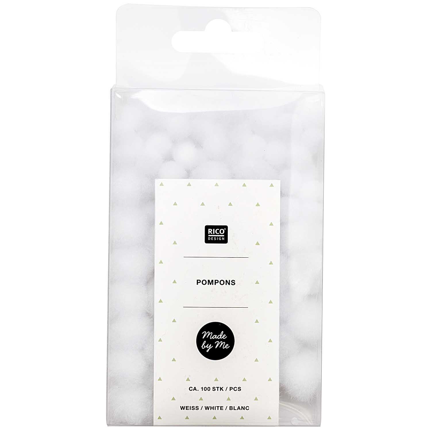 Pompons weiß 6mm 10mm ca. 100 Stück in einer transparenten Verpackung von Rico Design. Ideal für kreative Bastelprojekte.