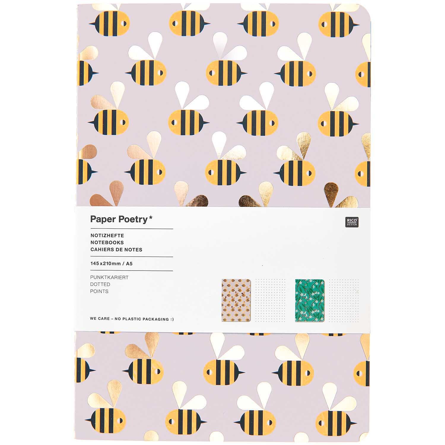 Paper Poetry Notizbücher mit Bienenmuster auf lila Hintergrund, 50 Blatt, A5, von Rico Design.