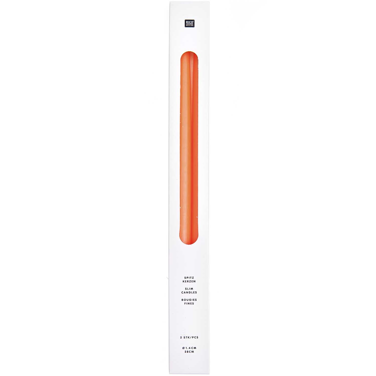 Spitzkerzen 1,4x28cm 2 Stück in leuchtendem Neon Orange von Rico Design, verpackt in einer schlichten, weißen Box.