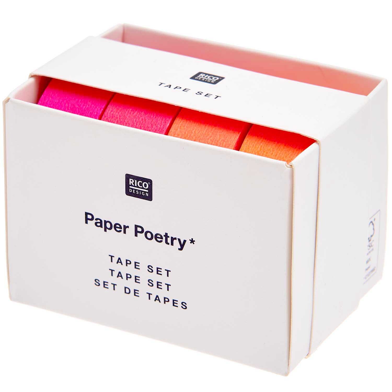 Paper Poetry Tape Set Neon Rottöne 15mm 10m 4-teilig von Rico Design Paper Poetry Tape Set Neon Rottöne, 4-teilig, von Rico Design in einer weißen Verpackung.