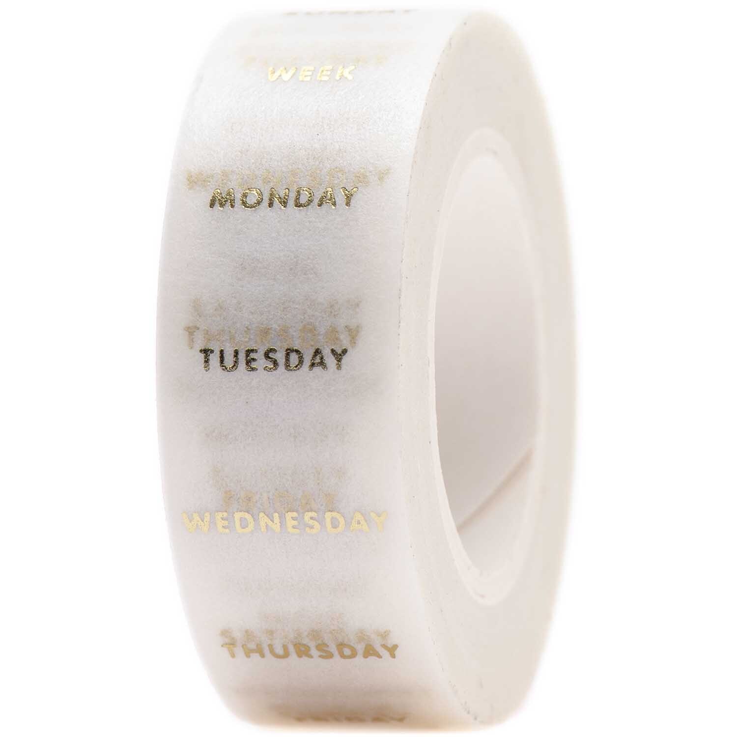 Paper Poetry Tape Wochentage in Weiß-Gold zeigt Wochentage in eleganter Schrift auf 1,5 cm breitem Band. Ideal für kreative Projekte.
