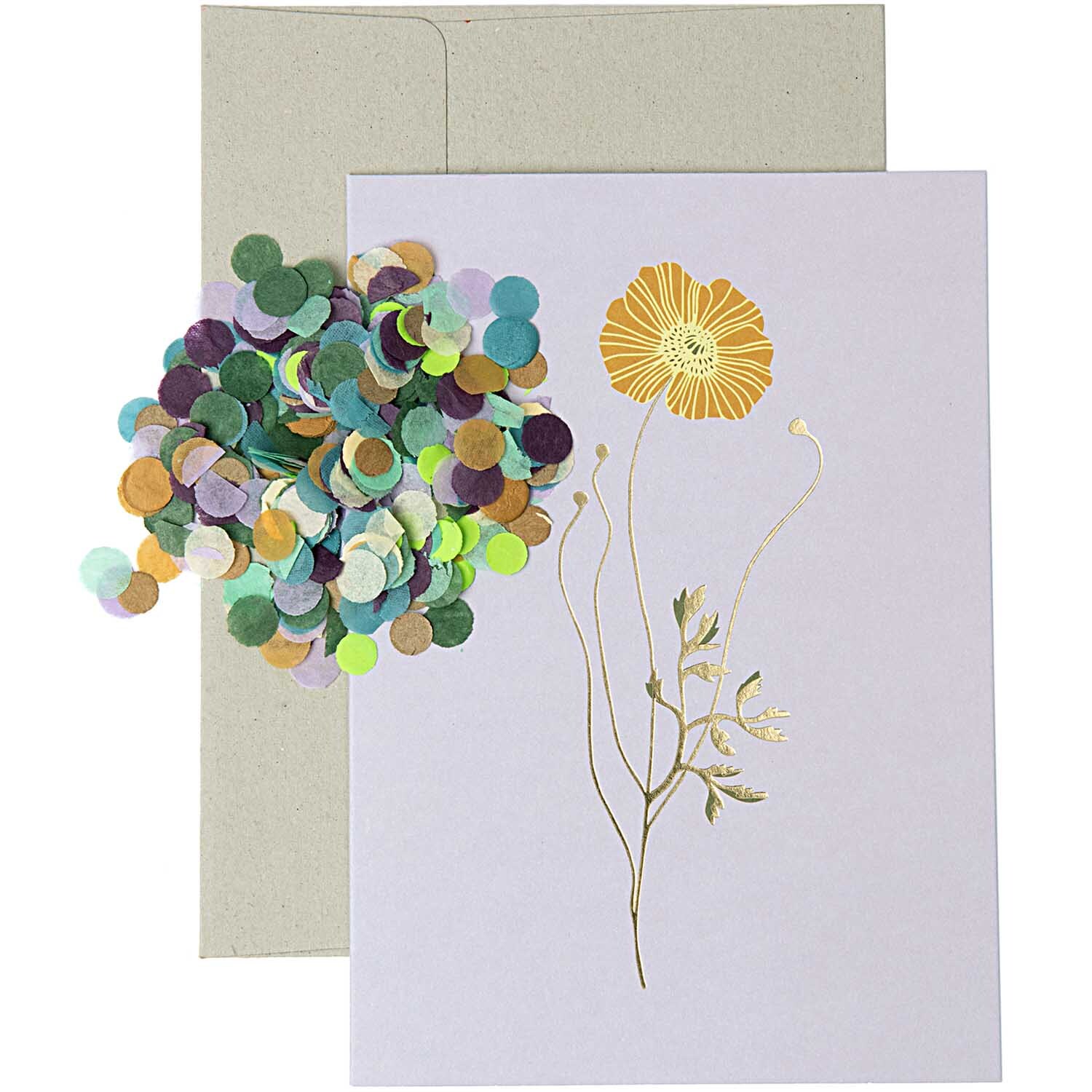 Paper Poetry Grußkartenset Goldmohn flieder mit goldener Mohnblume und buntem Konfetti. Ideal für kreative Grüße.