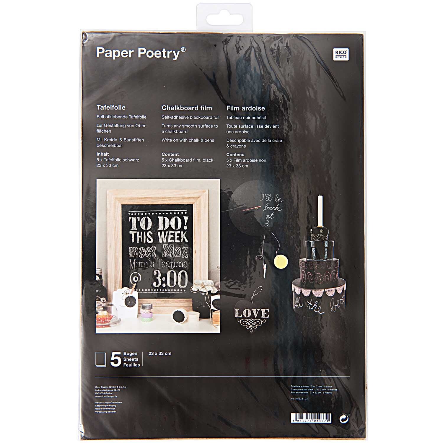 Paper Poetry Tafelfolie zeigt eine schwarze Folie von Rico Design, ideal für kreative Notizen.
