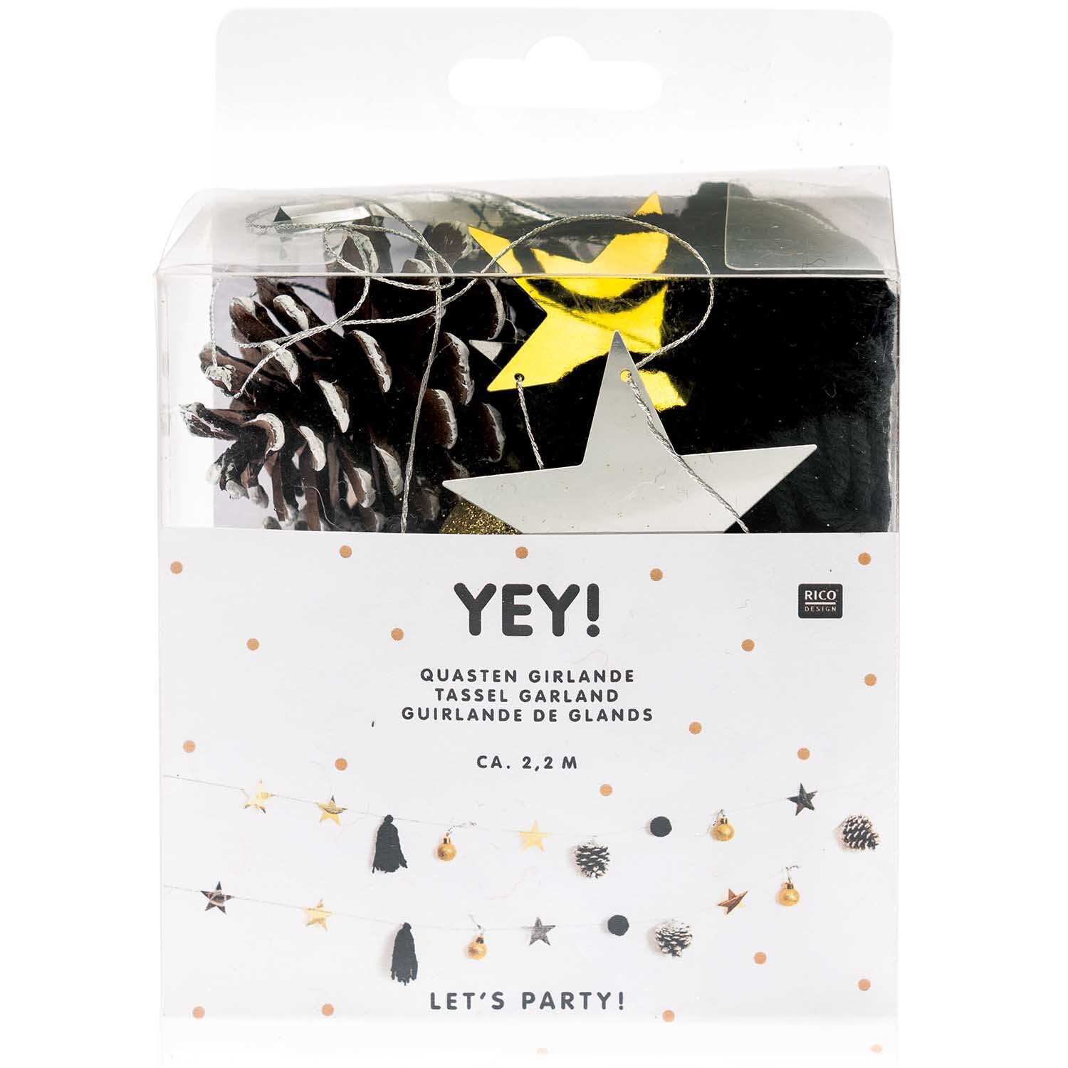 Quasten-Girlande gold-schwarz 2,2m von Rico Design Quasten-Girlande gold-schwarz 2,2m von Rico Design in Verpackung mit Stern- und Quastenmotiven. Perfekt für festliche Dekorationen.