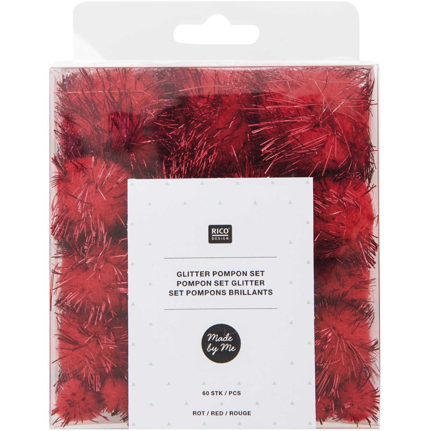 Glitter Pompons 63 Stück Farbe Rot von Rico Design Glitter Pompons 63 Stück in leuchtendem Rot von Rico Design, verpackt in einer transparenten Box. Ideal für kreative Bastelprojekte.
