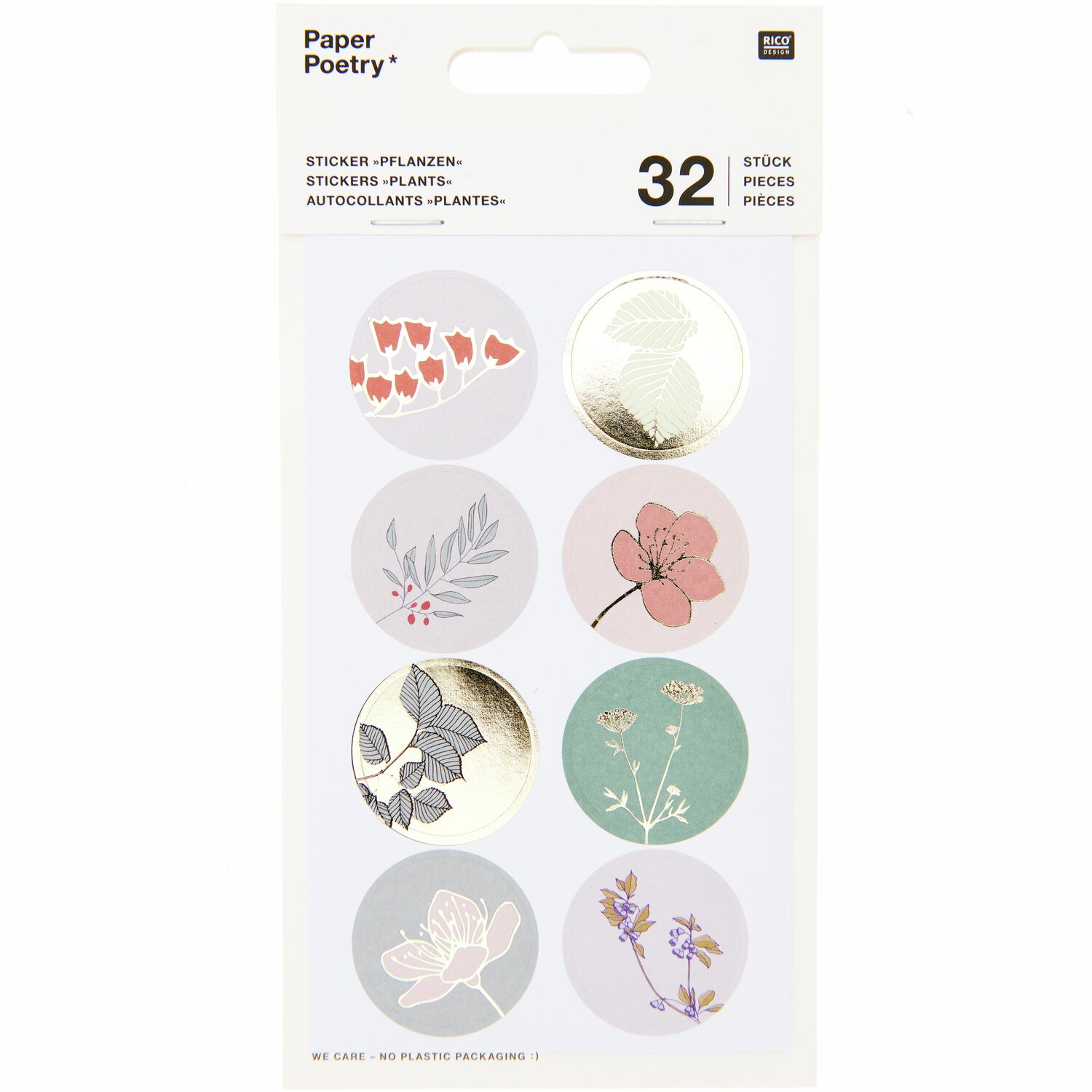 Paper Poetry Sticker Pflanzen klein 4 Blatt: Runde Sticker mit Pflanzenmotiven in Pastellfarben.