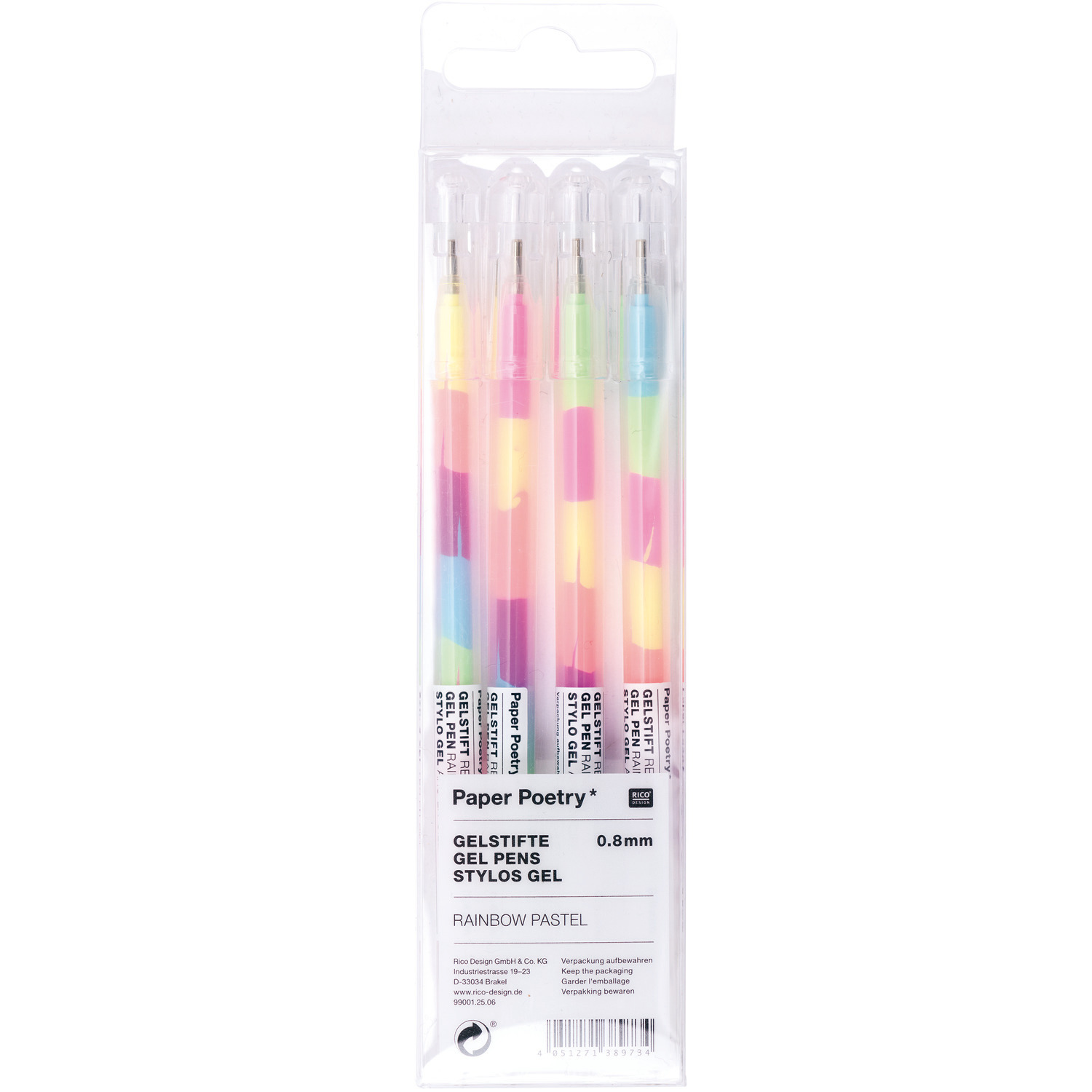Paper Poetry Gelstift-Set mit 0,8mm Spitze, 4 pastellfarbene Stifte in Verpackung von Rico Design.