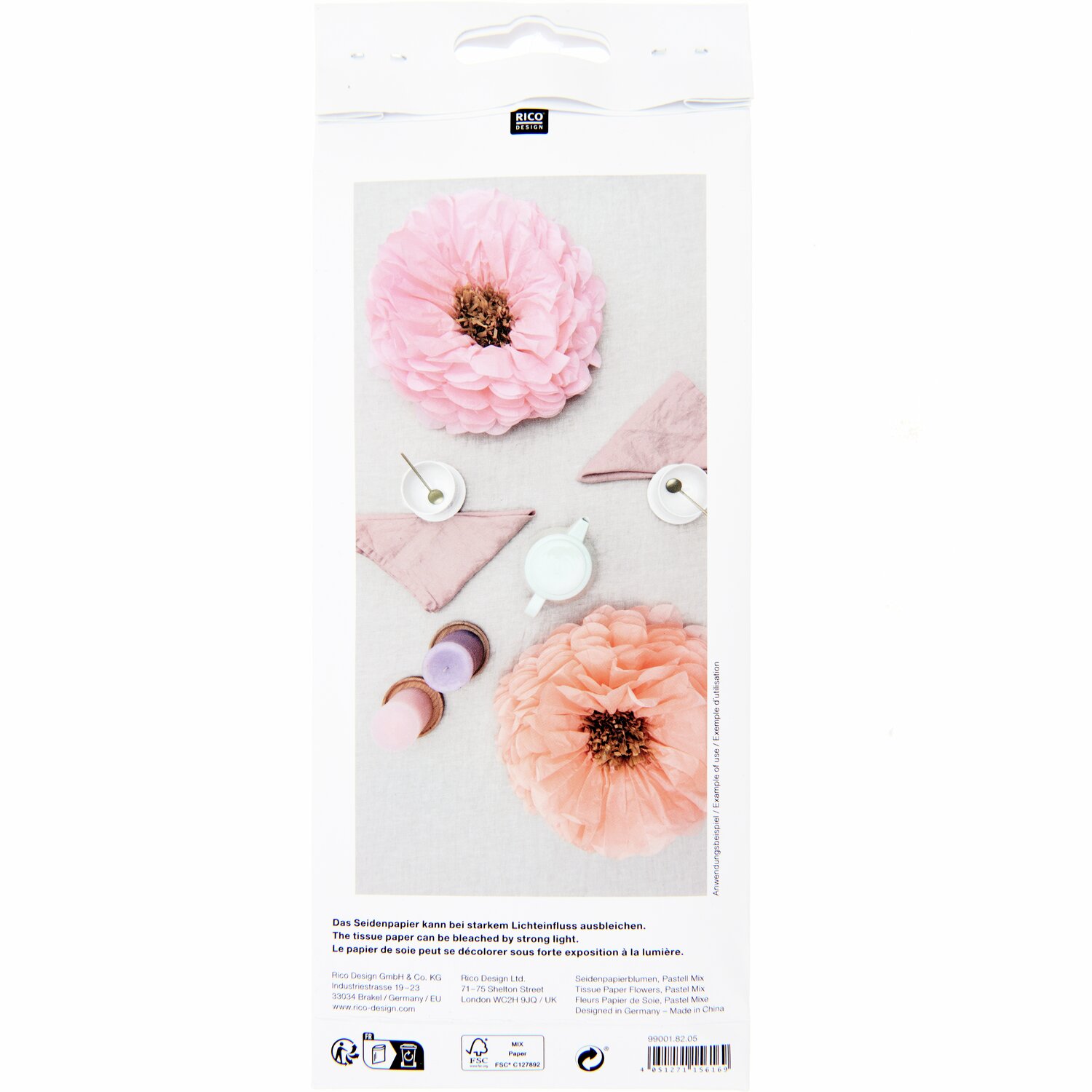 Seidenpapierblumen 40cm 2 Stück von Rico Design in Pastellfarben, dekorativ arrangiert auf hellem Hintergrund. Ideal für kreative Dekorationen.