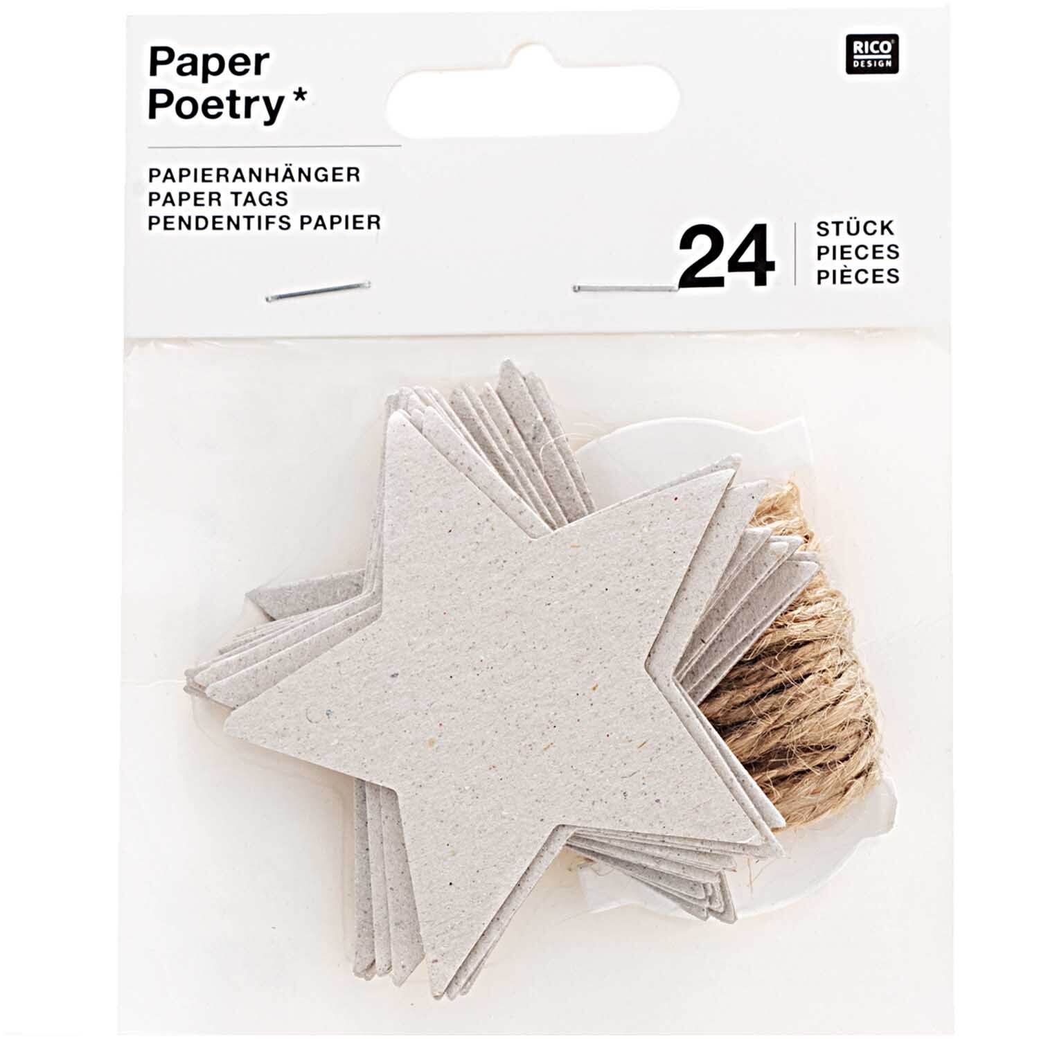 Paper Poetry Papieranhänger in Sternform, 24 Stück aus Graukarton, ideal für kreative Projekte.