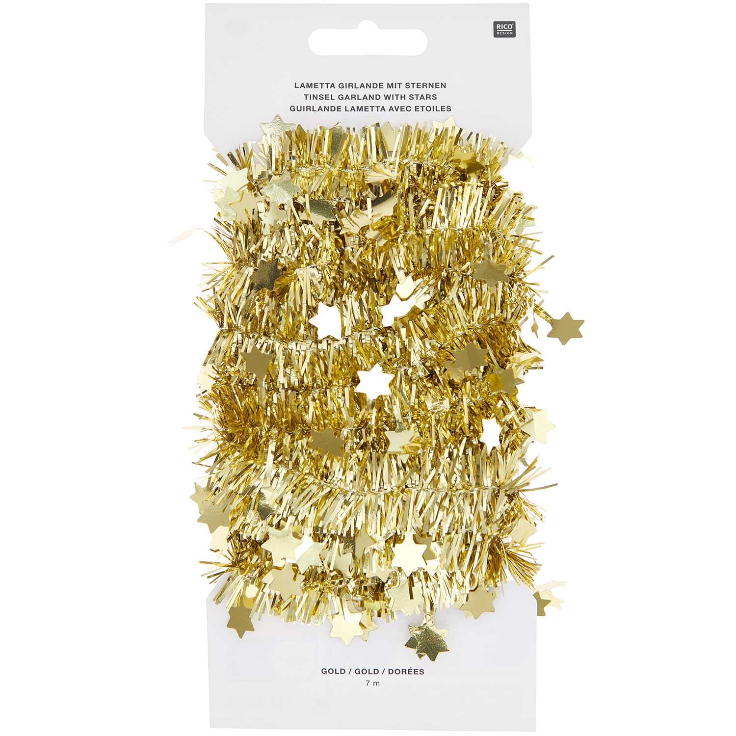 Girlande Lametta mit Sternen 7m Farbe Gold von Rico Design Girlande Lametta mit Sternen 7m von Rico Design in Gold, dekorativ verpackt auf weißem Hintergrund. Ideal für festliche Anlässe.