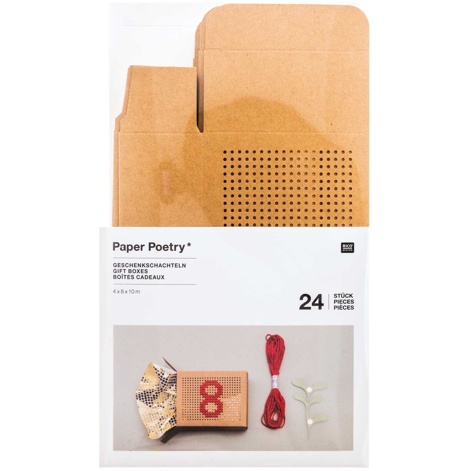 Paper Poetry Adventskalender Boxen zum Besticken Farbe Natur von Rico Design Paper Poetry Adventskalender Boxen zum Besticken aus Naturmaterialien, ideal für kreative DIY-Projekte, mit rotem Garn und gesticktem Design.