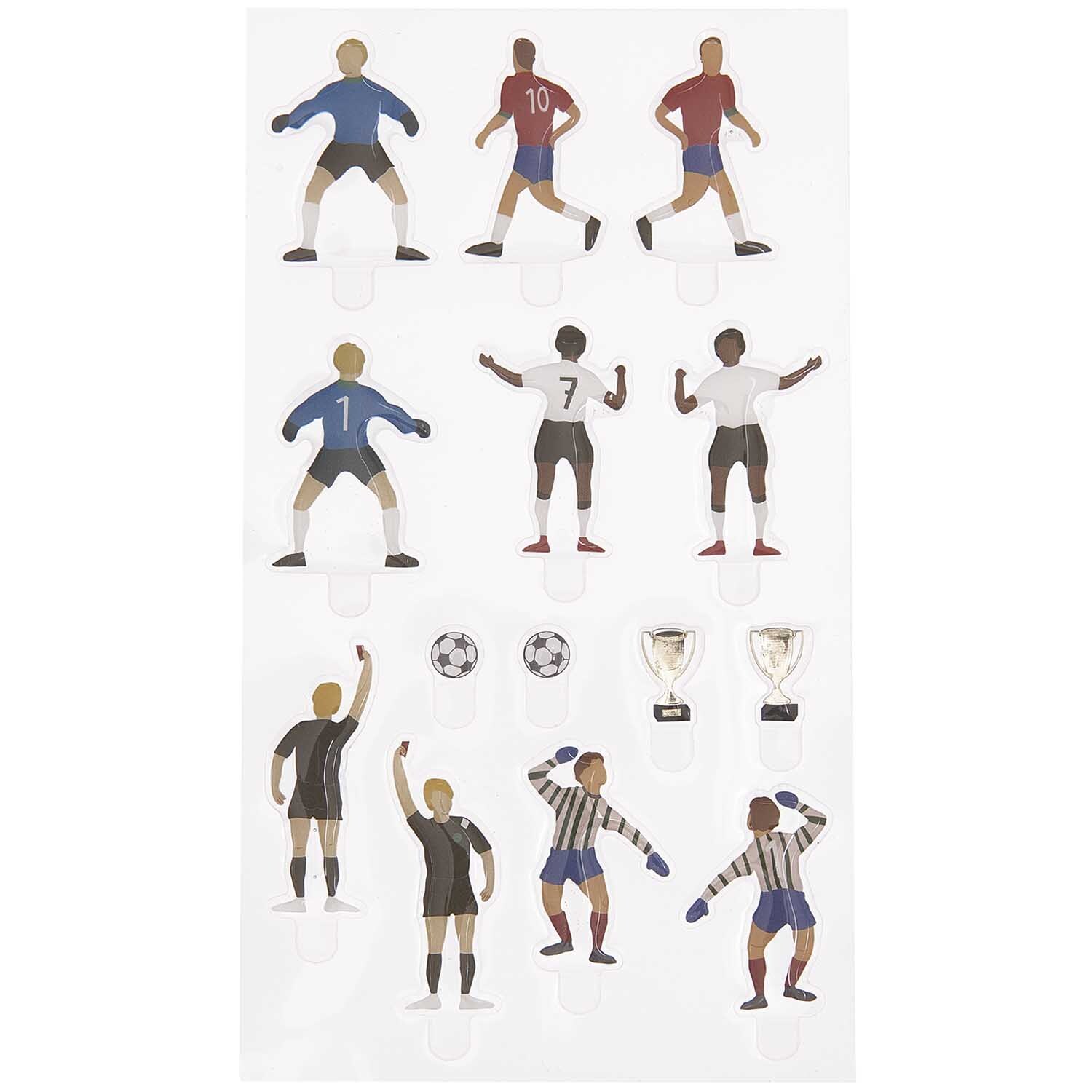 Figurico Gelsticker Fußballspieler zeigen bunte Spieler in Aktion, mit Bällen und Pokalen. Ideal für kreative Bastelprojekte.