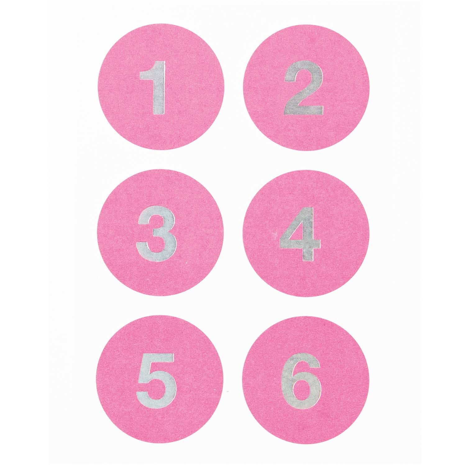 Paper Poetry Adventskalender Sticker Zahlen 1-24 in Pink mit silbernen Ziffern auf runden Aufklebern. Ideal für kreative Adventskalender.