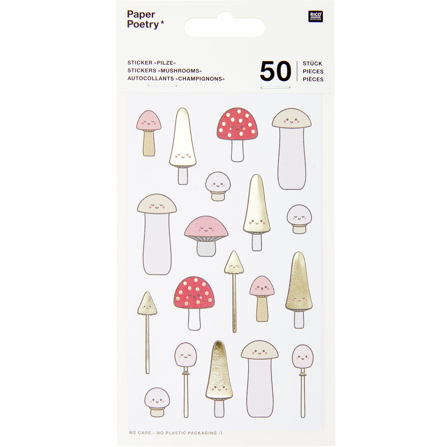 Paper Poetry Sticker Pilze Kawaii, 4 Blatt, mit niedlichen Pilzmotiven in verschiedenen Farben. Ideal für kreative Bastelprojekte.