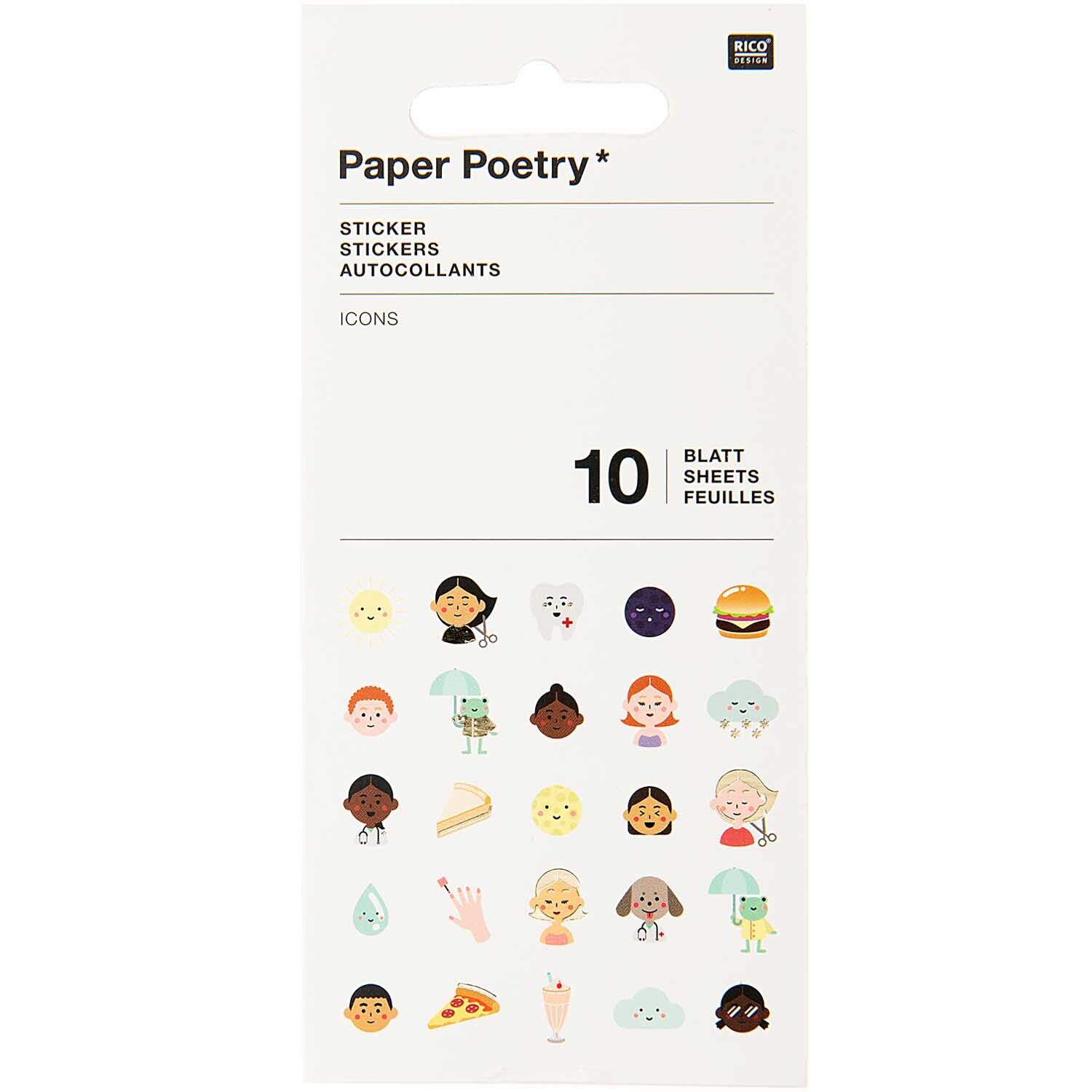 Paper Poetry Stickerbuch Icons 10 Blatt zeigt bunte, vielfältige Sticker mit Gesichtern und Objekten. Ideal für kreative Projekte.
