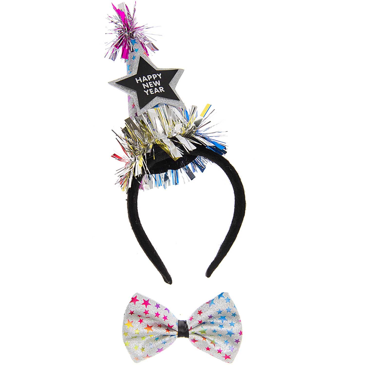 Haarreif und Fliege Happy New Year Sterne bunt, 2-teiliges Set von Rico Design mit festlichen Dekorationen.