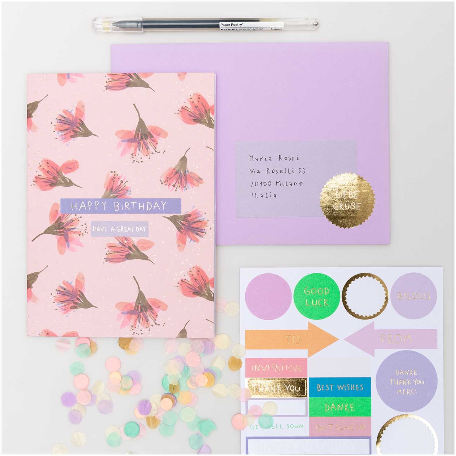Paper Poetry Grußkartenset Kirschblüten pink von Rico Design Paper Poetry Grußkartenset Kirschblüten pink mit lila Umschlag, Aufklebern und Stift. Ideal für Geburtstagsgrüße.
