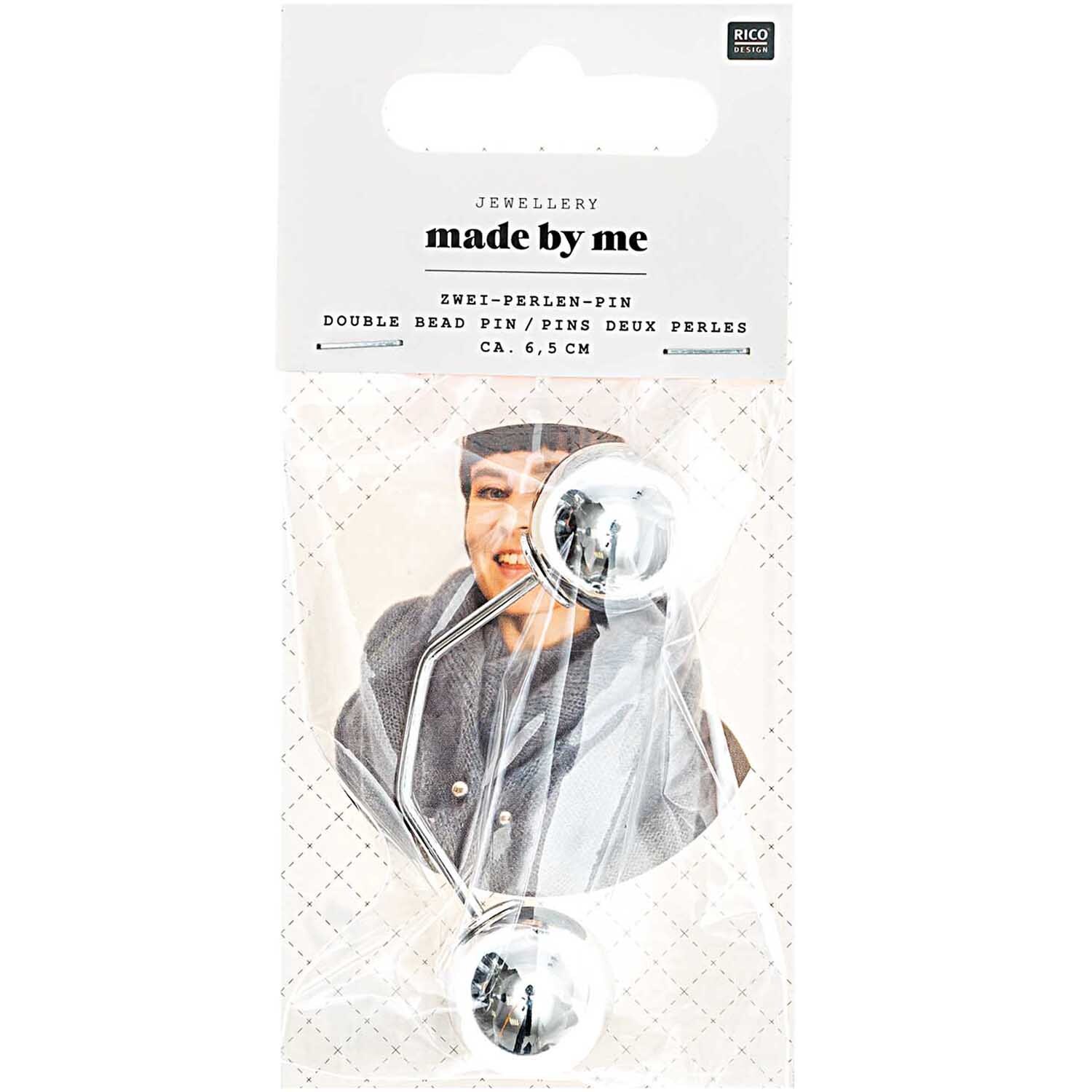 Zwei-Perlen-Pin 65mm 1 Stück Farbe Silber von Rico Design Zwei-Perlen-Pin 65mm von Rico Design in Silber, präsentiert in einer eleganten Verpackung.