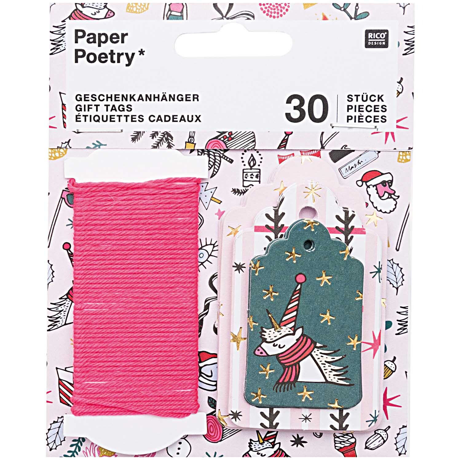 Paper Poetry Geschenkanhänger Magical Christmas mit 30 Stück, illustriert mit weihnachtlichen Motiven und pinkem Band, von Rico Design.