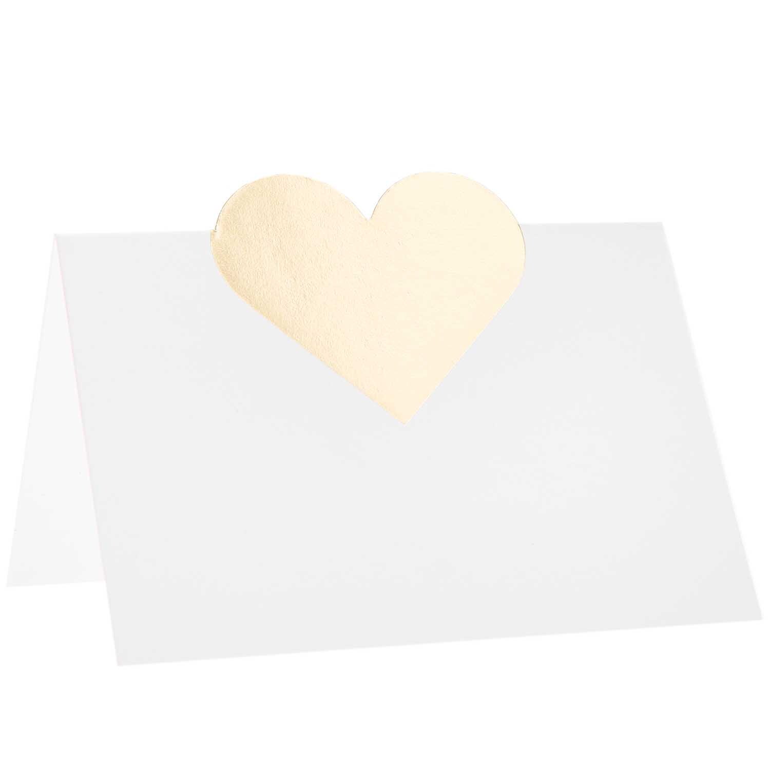 Paper Poetry Tischkarten Herzen 9x12,6cm von Rico Design mit goldenem Herzmotiv auf weißem Hintergrund. Ideal für elegante Anlässe.