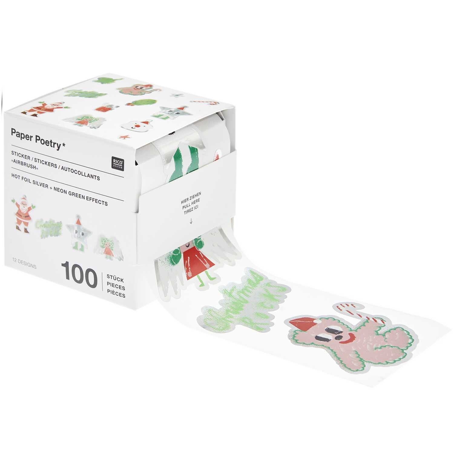 Paper Poetry Sticker Christmas Rocks! Airbrush Ø 5cm, 100 Stück auf Rolle, mit bunten Weihnachtsmotiven von Rico Design. Ideal für festliche Dekorationen.