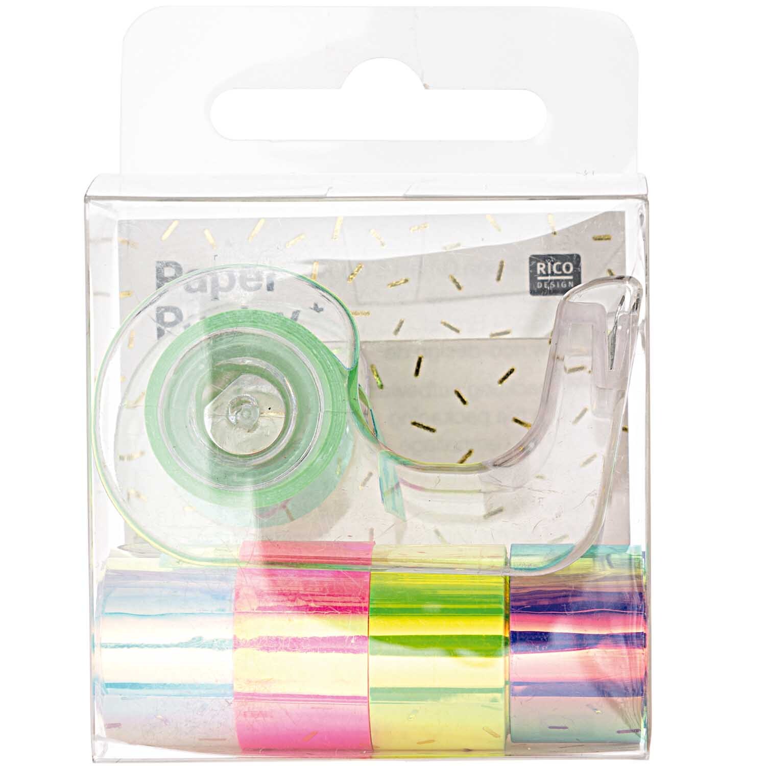 Paper Poetry Mini-Mirror Rainbow Tape Set, 5-teilig, mit bunten, glänzenden Klebebändern und Abroller von Rico Design. Ideal für kreative Projekte.