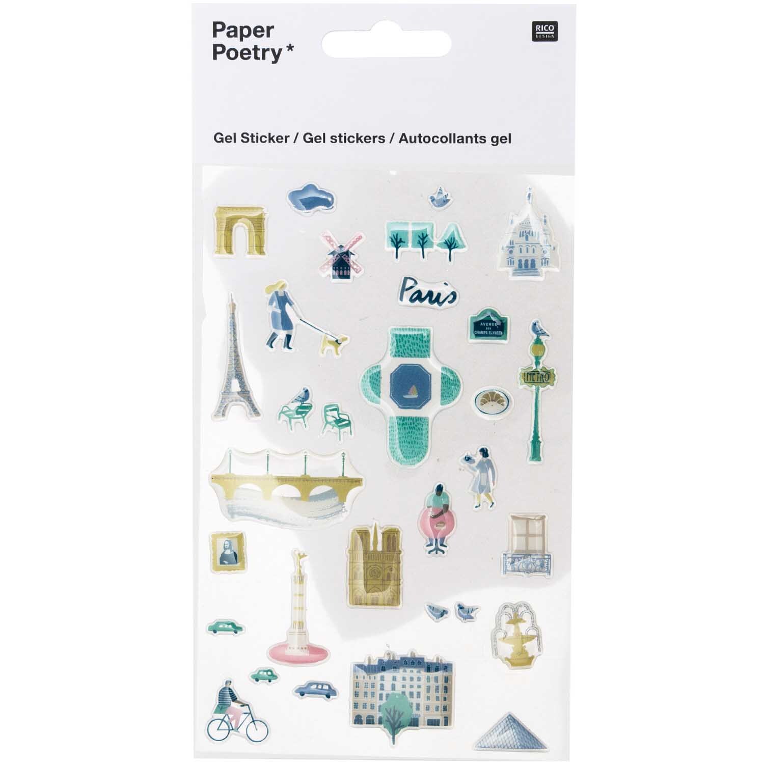 Paper Poetry Gelsticker Paris mit Pariser Motiven wie Eiffelturm und Fahrradfahrer, von Rico Design. Ideal für kreative Projekte.