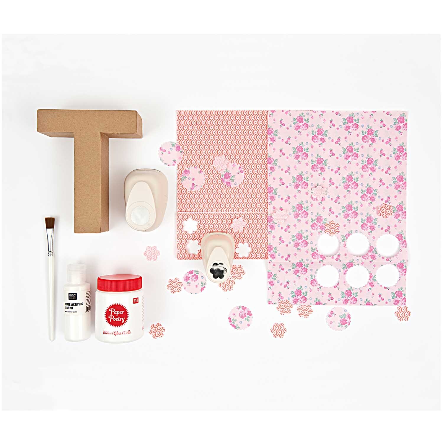 Paper Poetry Stanzer Blume 2,5cm: Bastelset mit Stanzer, Pinsel, Kleber und floralem Papier von Rico Design.