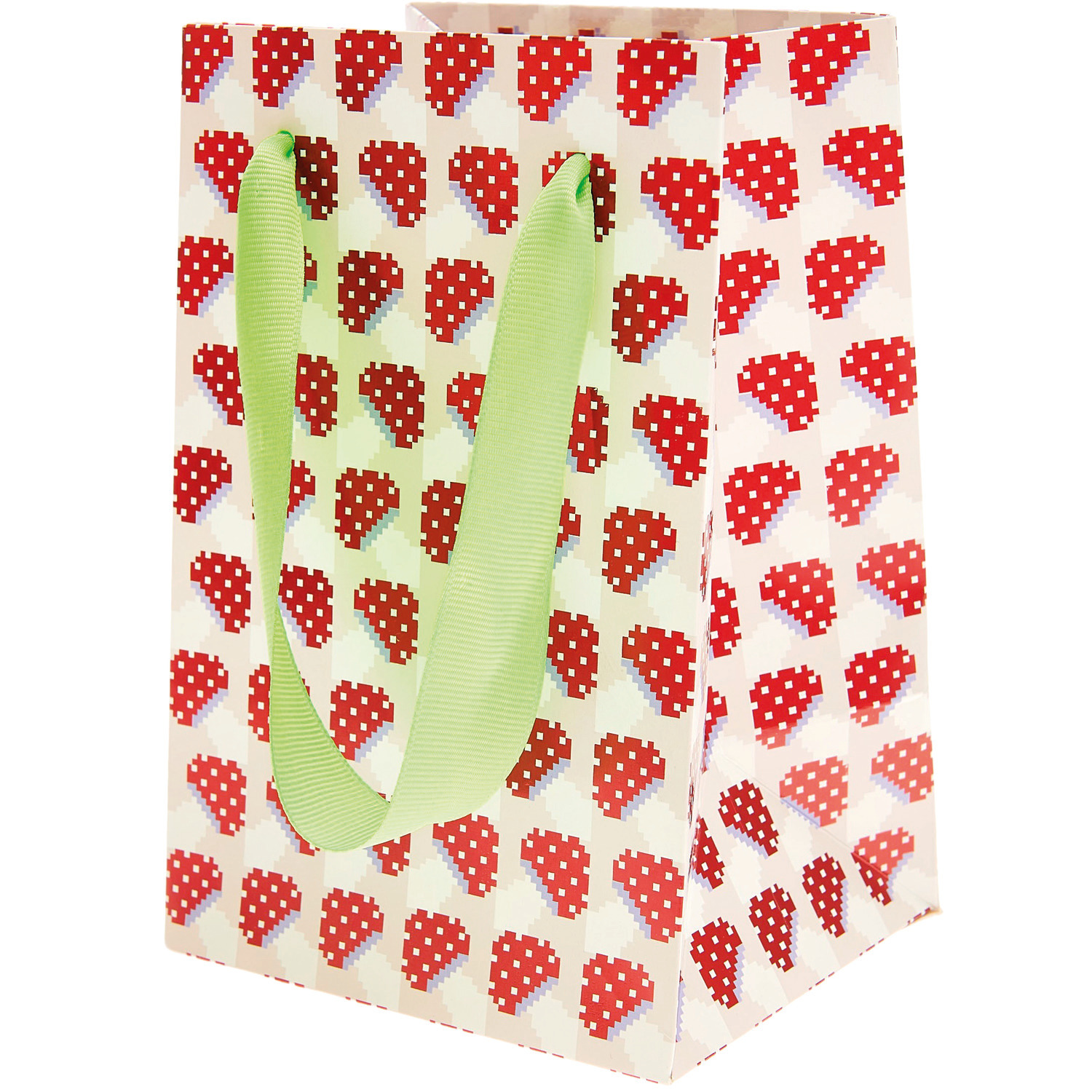 Geschenktüte Fliegenpilz Pixel Creme mit grünem Griff, 12x18x10cm, von Rico Design.