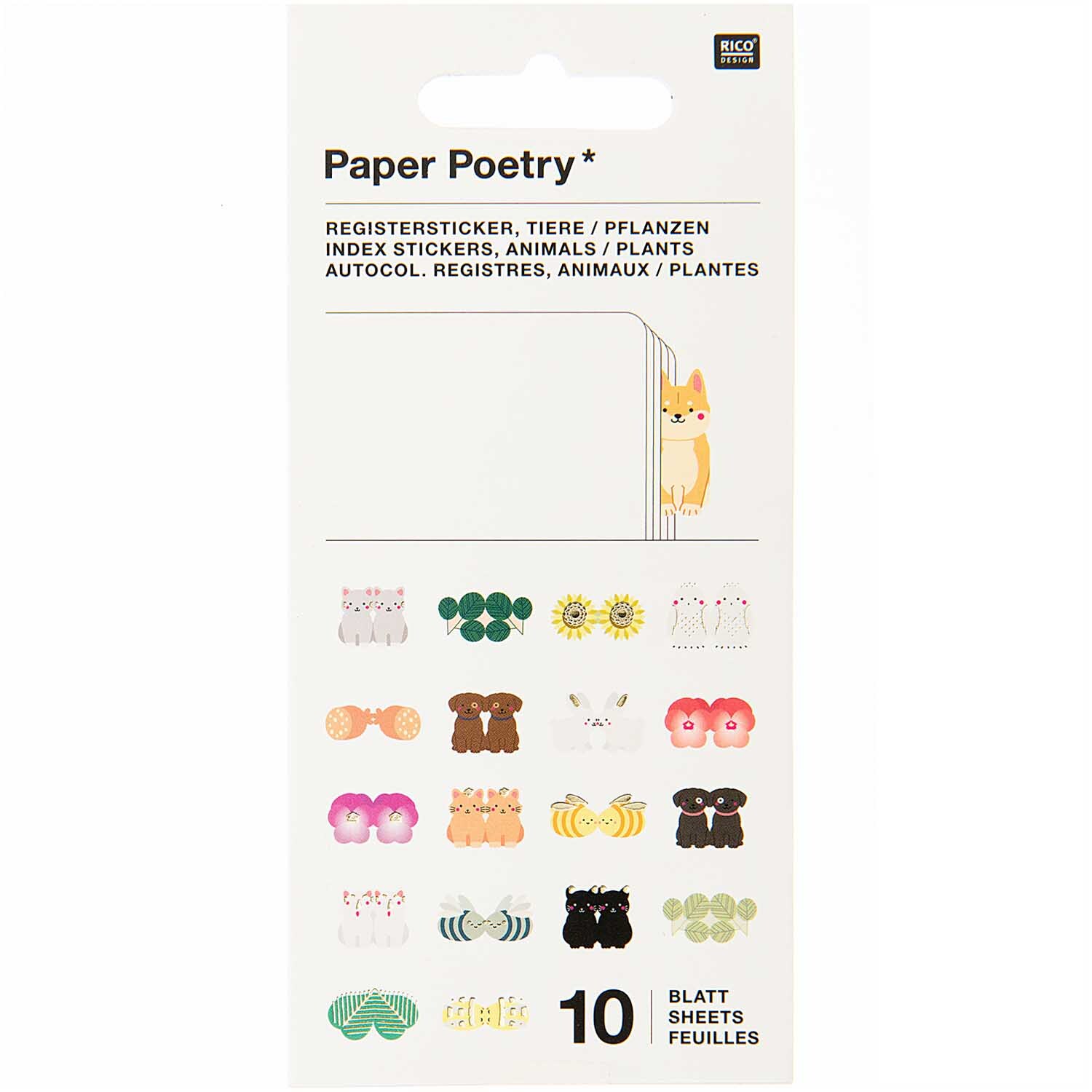 Paper Poetry Stickerbuch mit Tiermotiven von Rico Design, zeigt bunte Registersticker auf 10 Blättern.