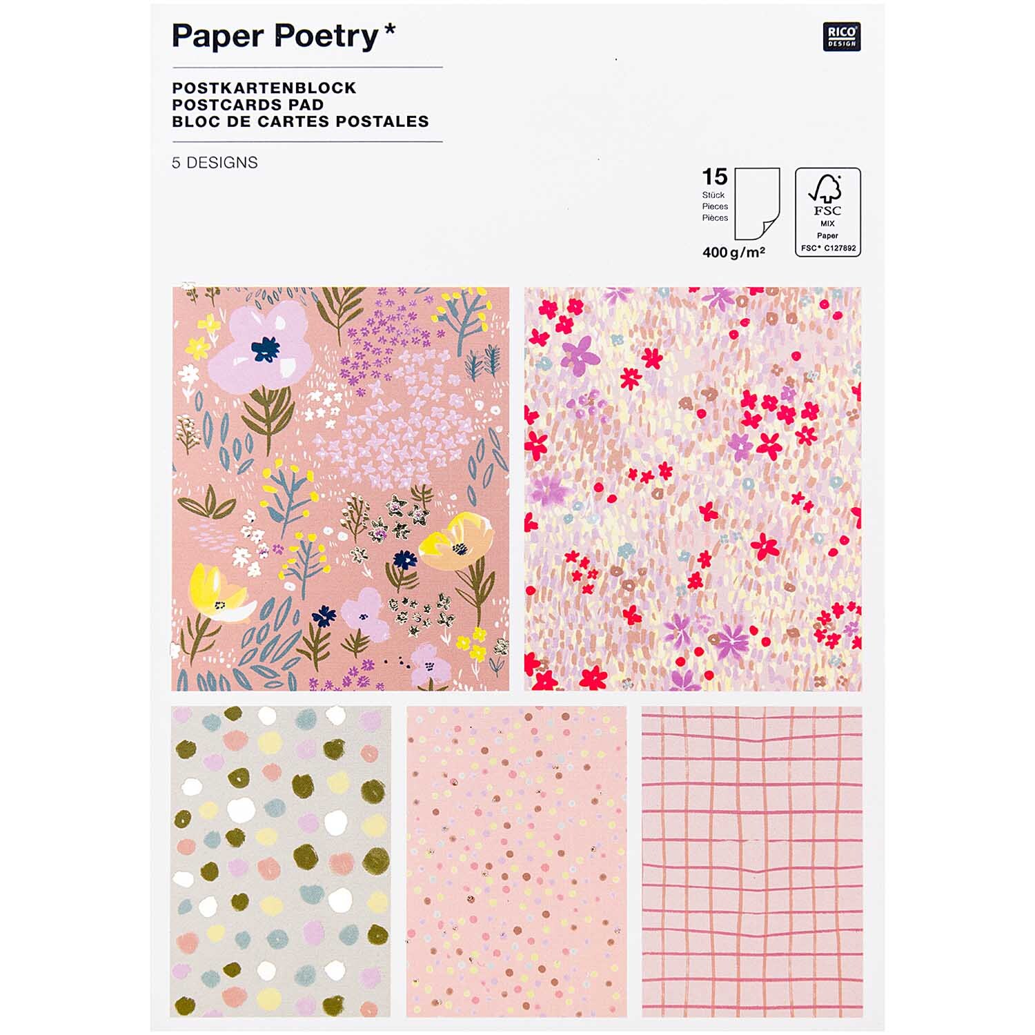 Paper Poetry Postkartenblock mit floralen und geometrischen Designs in Rosa, 15 Stück von Rico Design. Ideal für kreative Projekte.