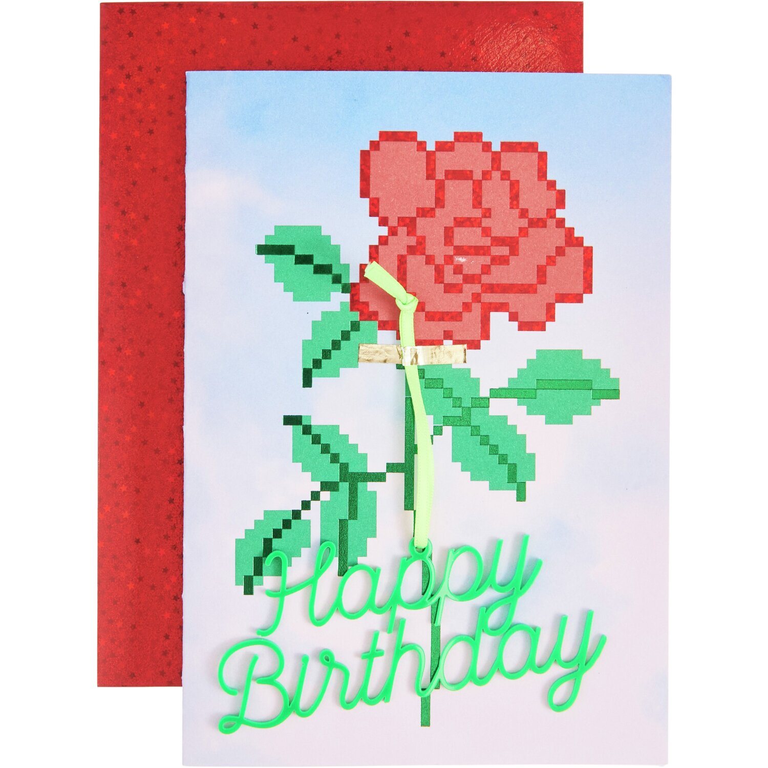Paper Poetry 3D-Grußkarte La Vie en Rose Happy Birthday mit pixeliger Rose und grünem Schriftzug auf blauem Hintergrund.