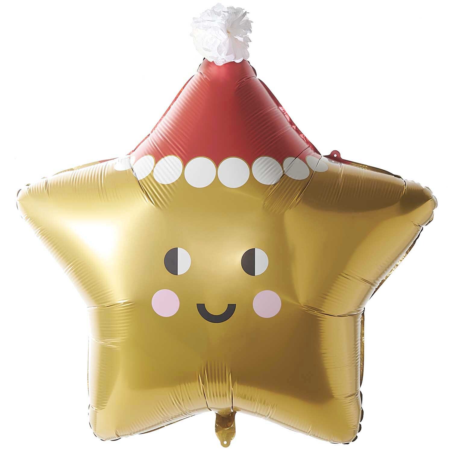 Folienballon Weihnachten Stern mit fröhlichem Gesicht und Weihnachtsmütze, von Rico Design.