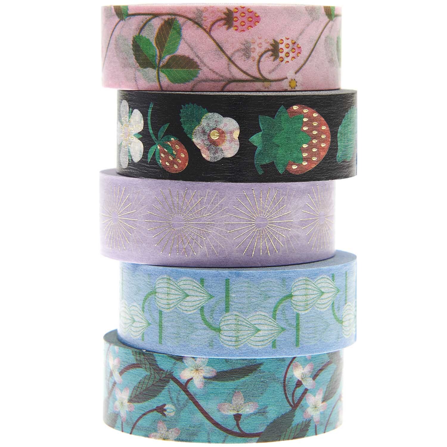 Paper Poetry Tape Set Floral 15mm 10m: Fünf bunte Washi-Tapes mit floralen Mustern von Rico Design, ideal für kreative Projekte.