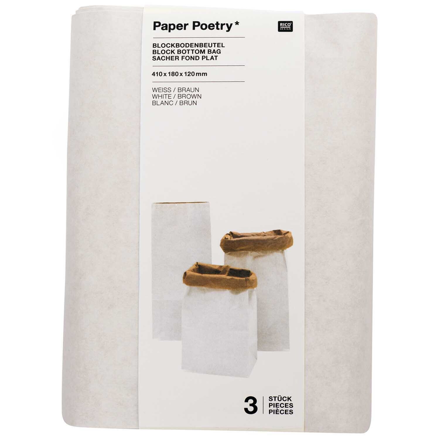 Paper Poetry Maxi-Blockbodenbeutel S 41x18x12cm 3 Stück Farbe Weiß-Braun von Rico Design