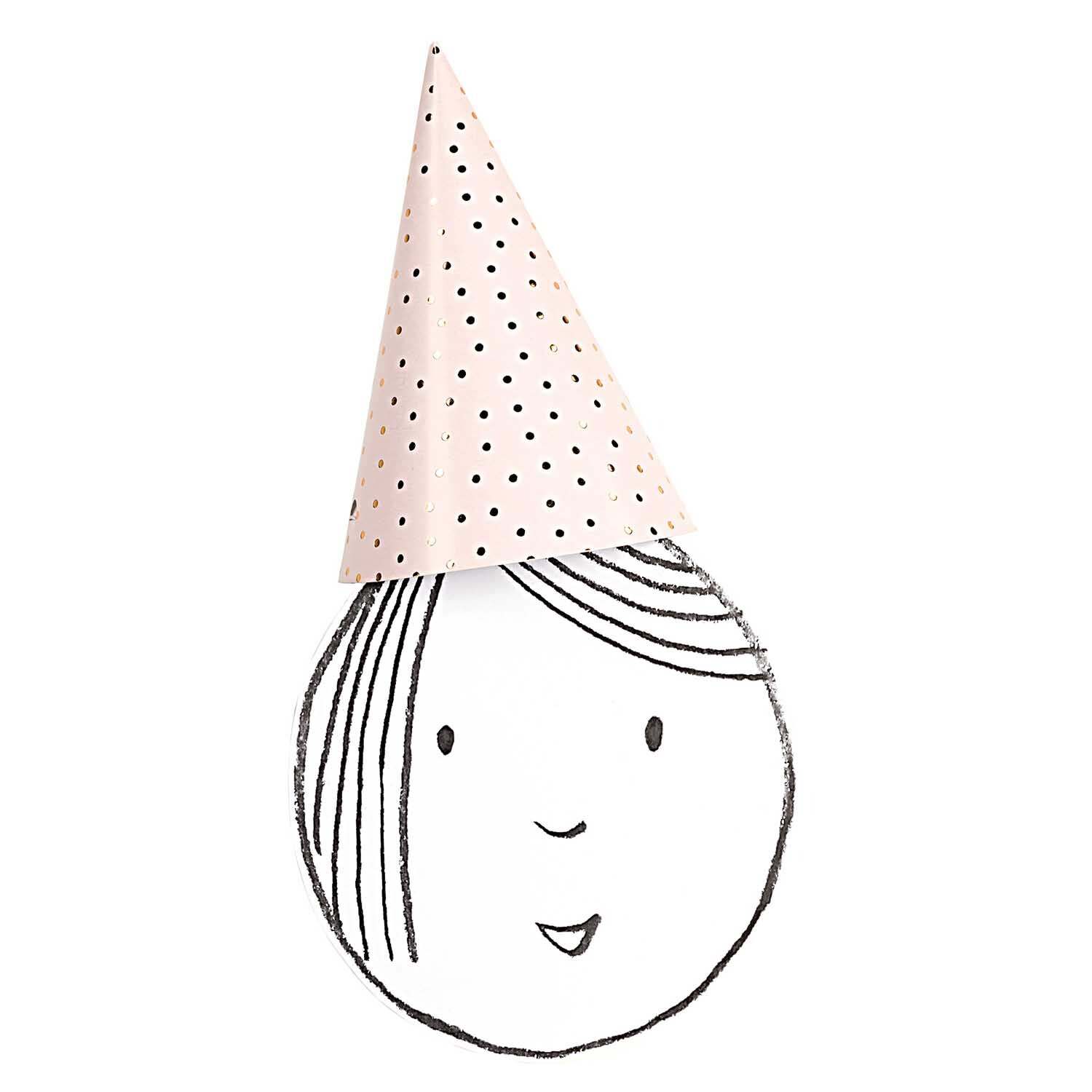 Partyhüte rosa-gold 20cm 8 Stück von Rico Design Partyhüte rosa-gold 20cm 8 Stück von Rico Design. Ein rosa Partyhut mit goldenen Punkten auf einem gezeichneten Gesicht.