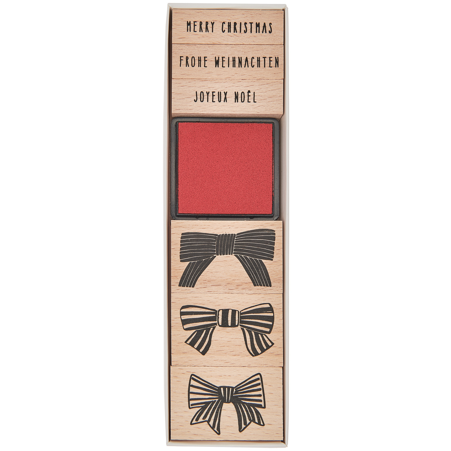 Paper Poetry Stempelset Schleifen, 7-teilig, mit roten Stempelkissen und Schleifenmotiven. Ideal für kreative Weihnachtsprojekte.