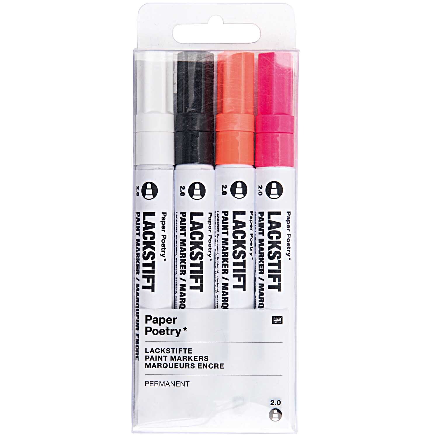 Paper Poetry Lackmarkerset neon 2,0mm mit vier Stiften in Weiß, Schwarz, Neon Orange und Neon Pink von Rico Design. Ideal für kreative Projekte.
