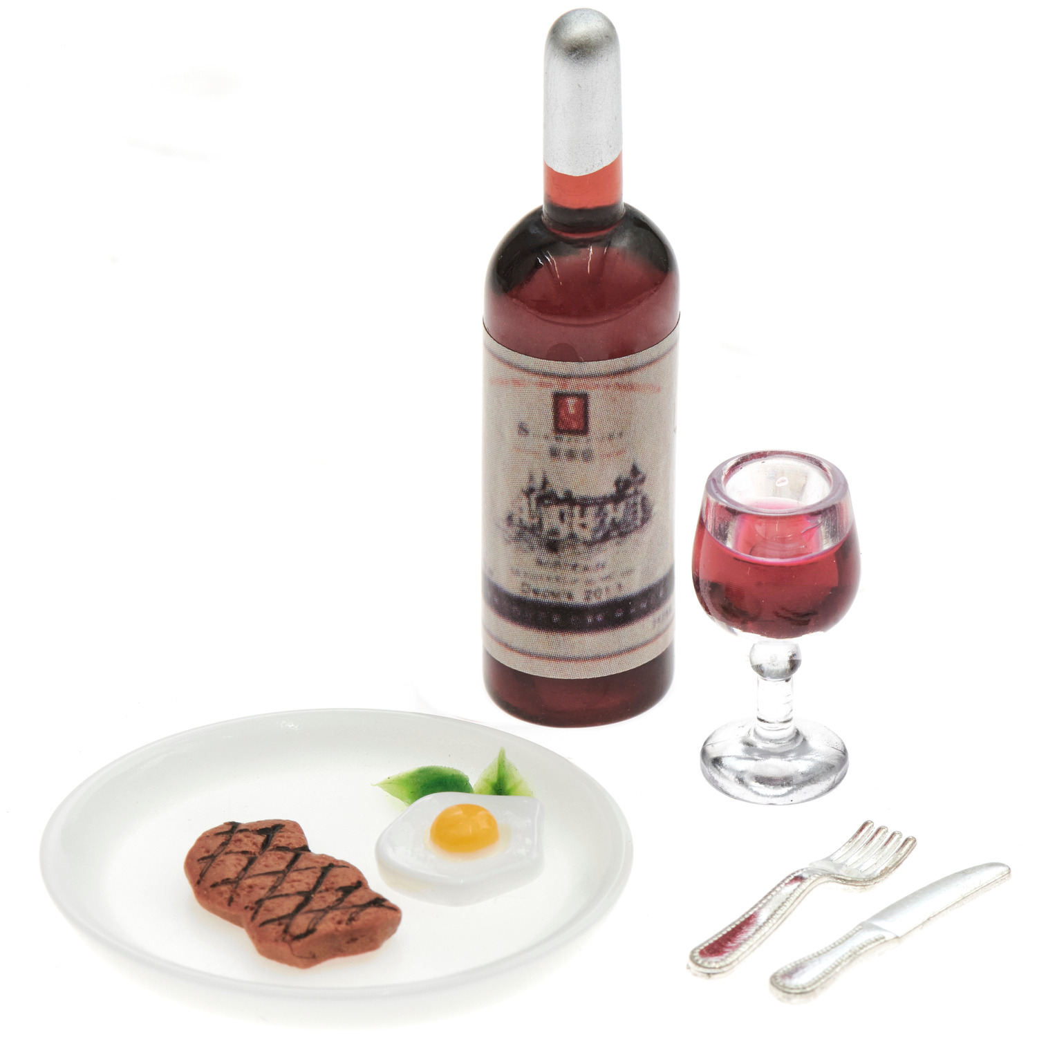 Miniatur Dinner Set: Ein 8-teiliges Set mit Teller, Besteck, Weinflasche und Glas, ideal für Sammler.