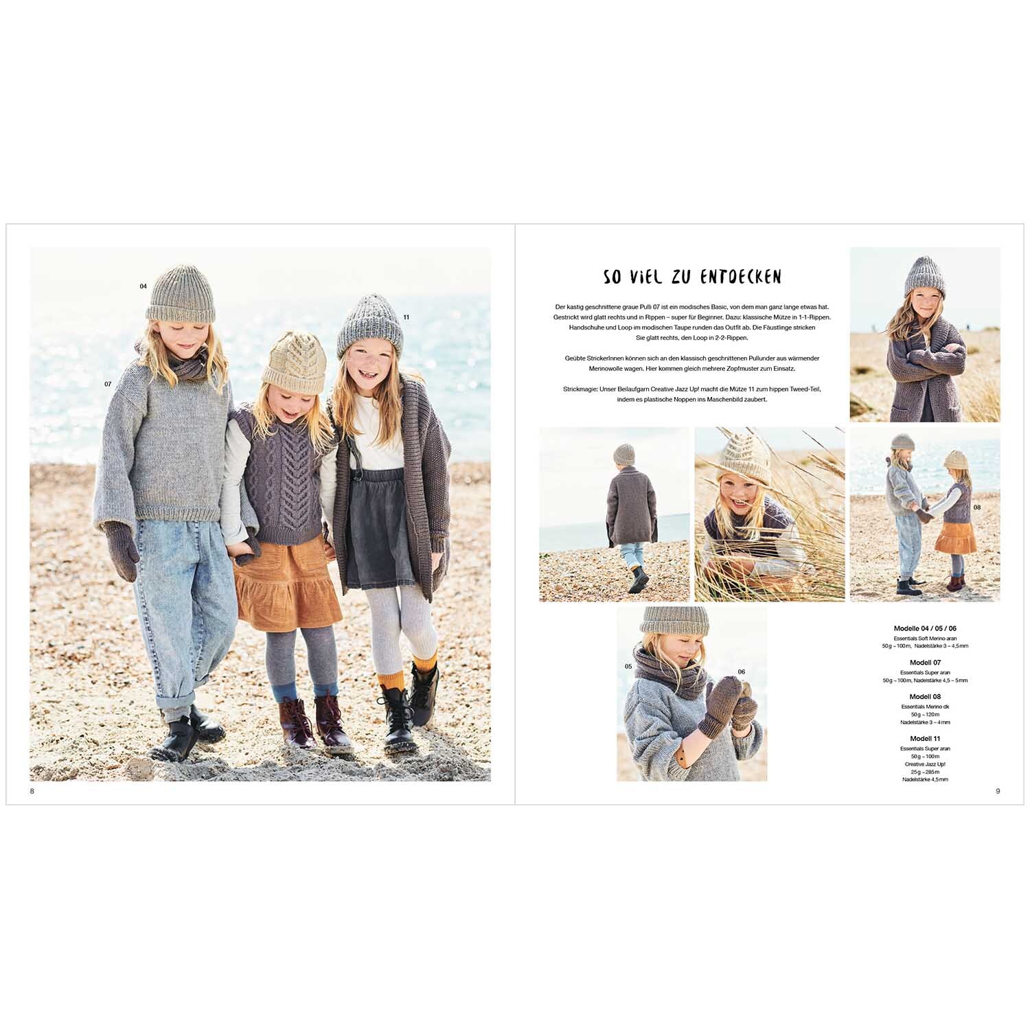 Kids Nr.9: Drei Kinder in gestrickter Kleidung am Strand, lächelnd und in herbstlichen Farben.