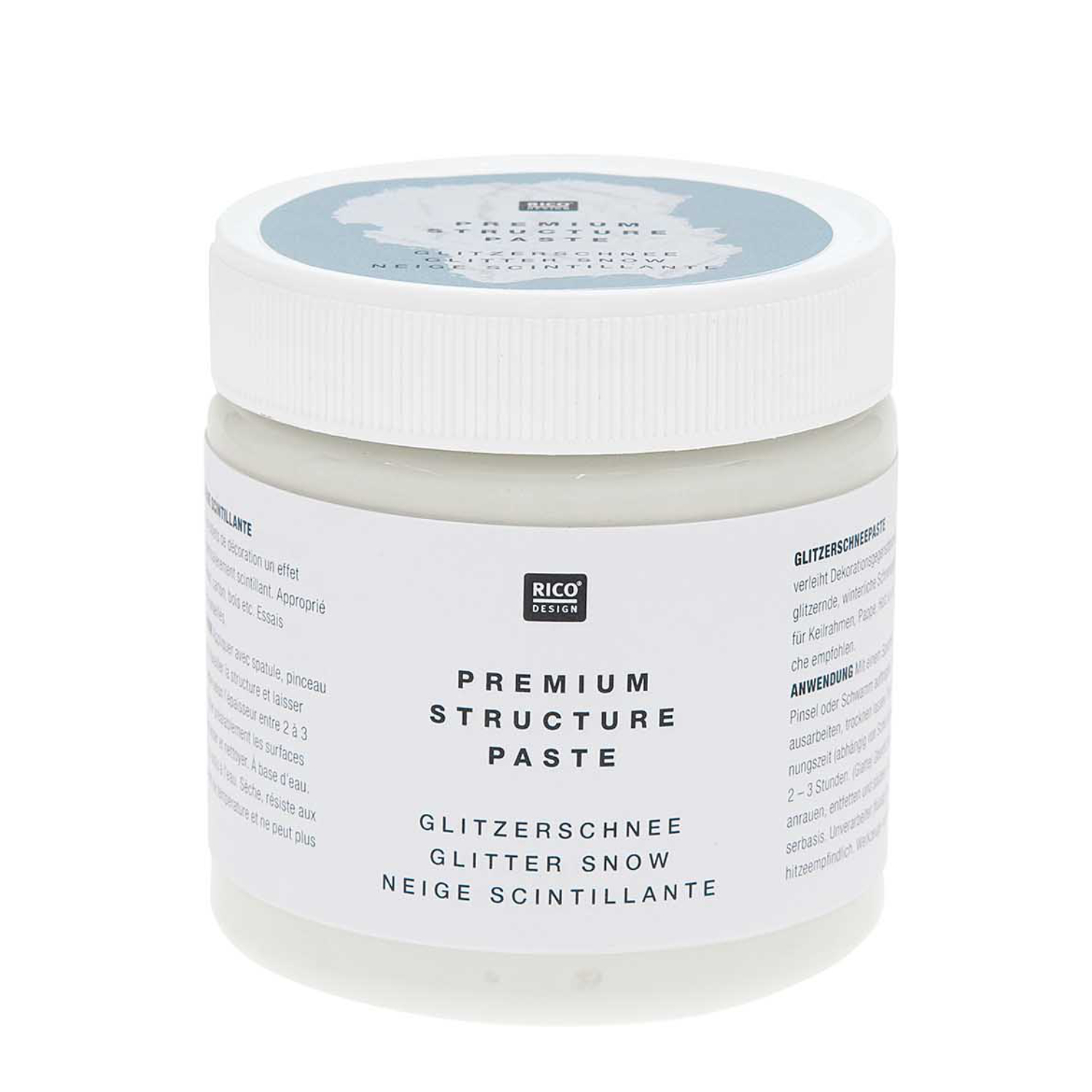 ART Premium Glitzerschnee Paste von Rico Design in einem 250ml Behälter, ideal für kreative Projekte.