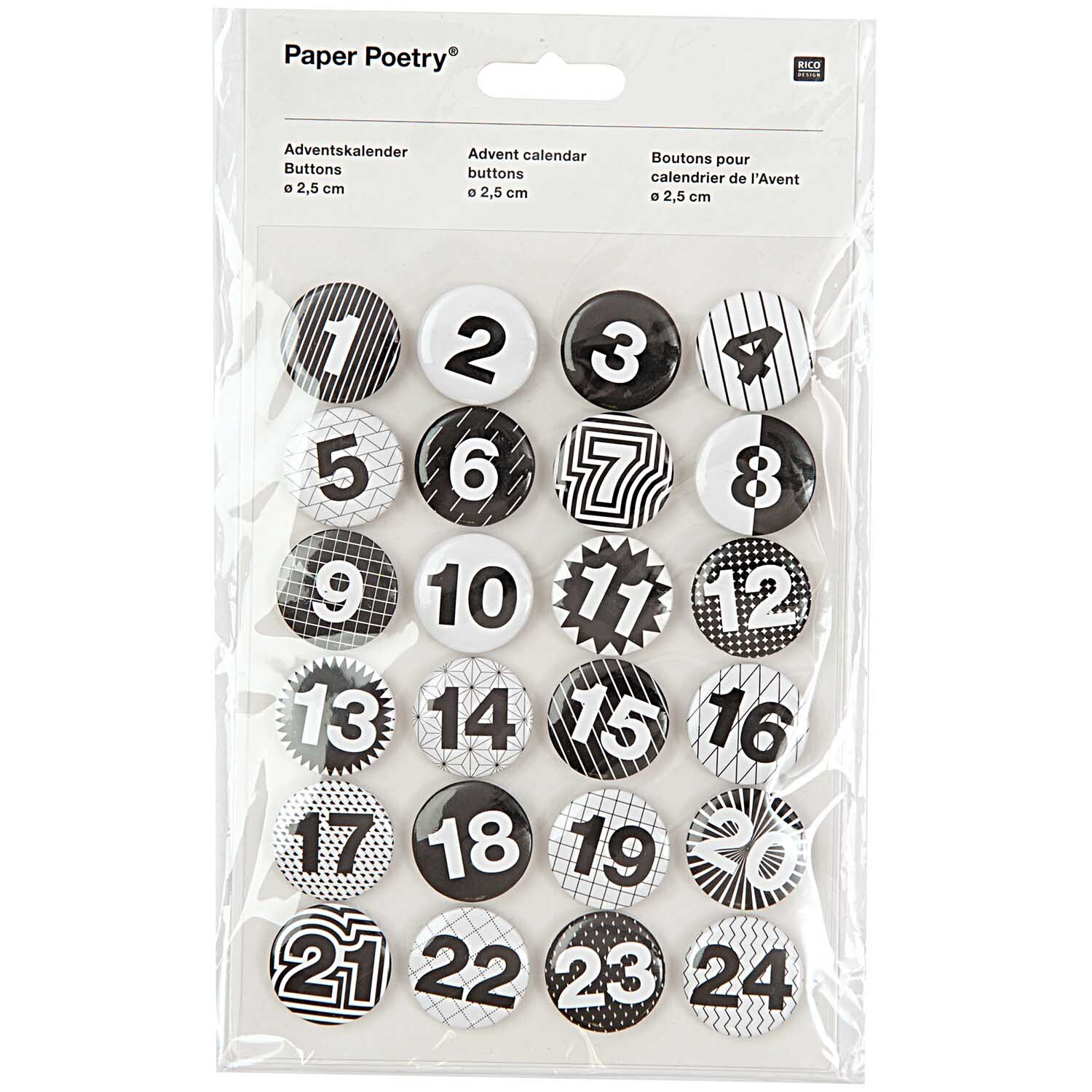 Paper Poetry Adventskalender Zahlen Buttons in Schwarz-Weiß, 24 Stück, ideal für kreative Adventskalenderprojekte.