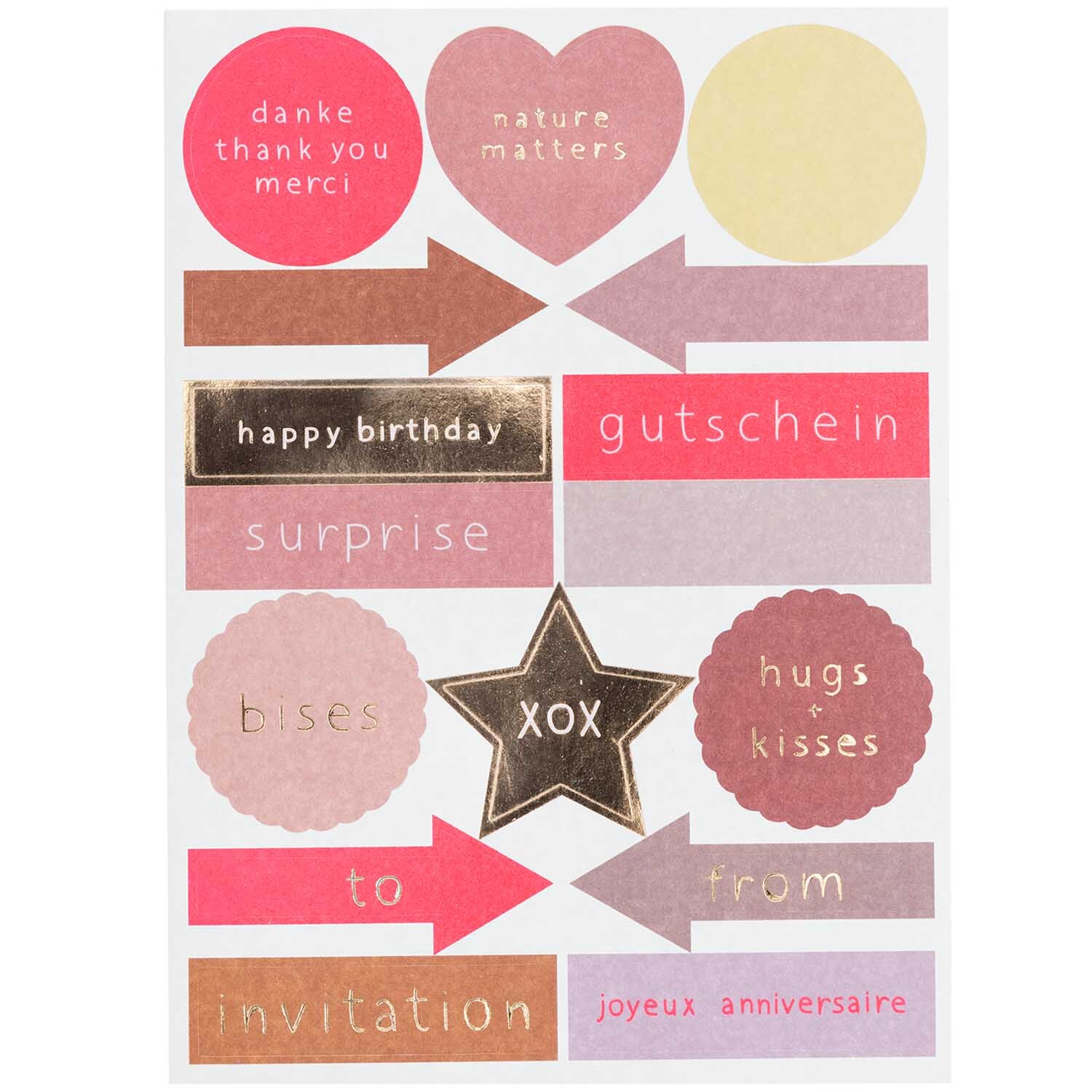 Paper Poetry Grußkartenset Kirschblüte zeigt bunte Aufkleber mit Botschaften wie "happy birthday" und "gutschein". Ideal für kreative Grüße.