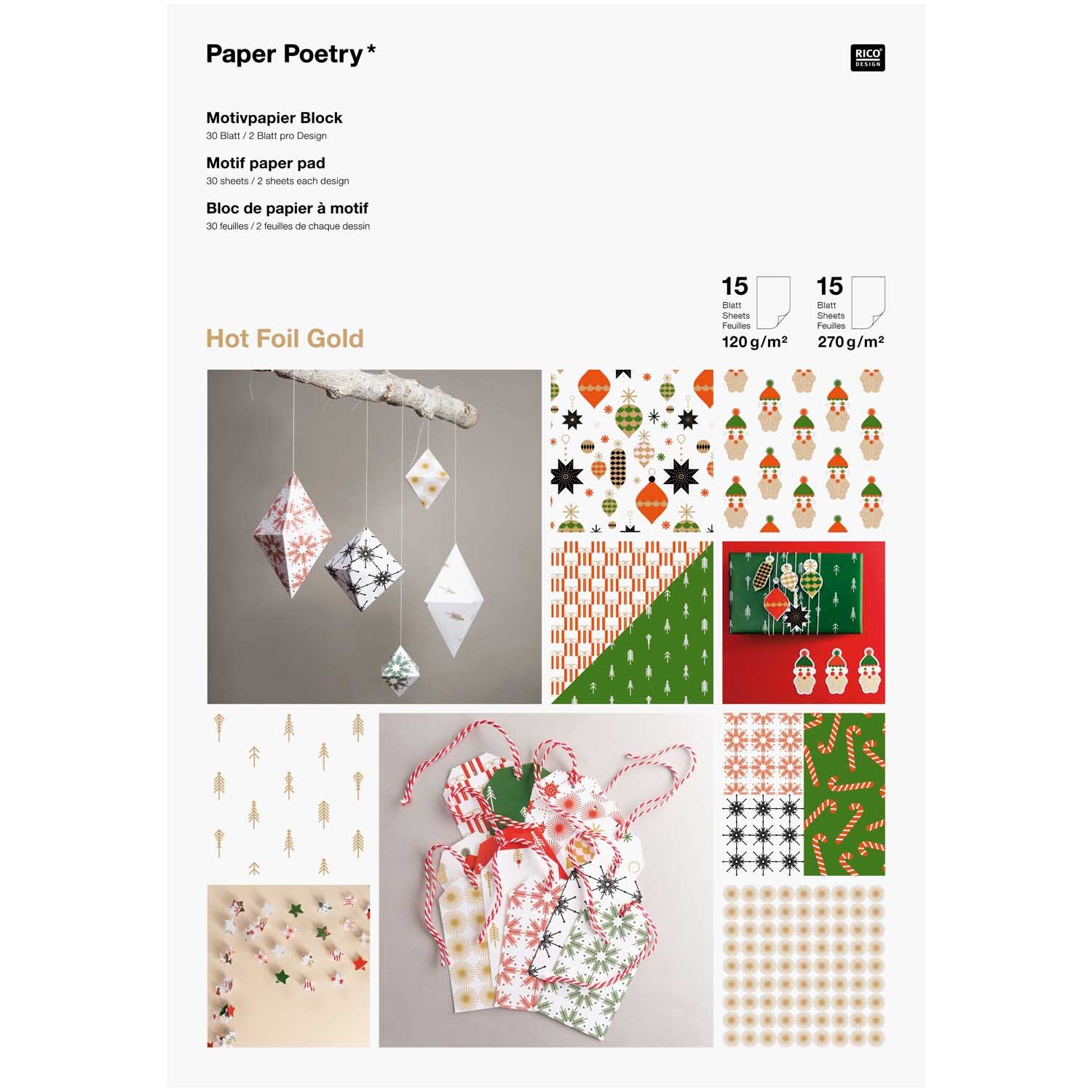 Paper Poetry Motivpapier Block zeigt festliche Designs mit Goldfolie, ideal für kreative Projekte.