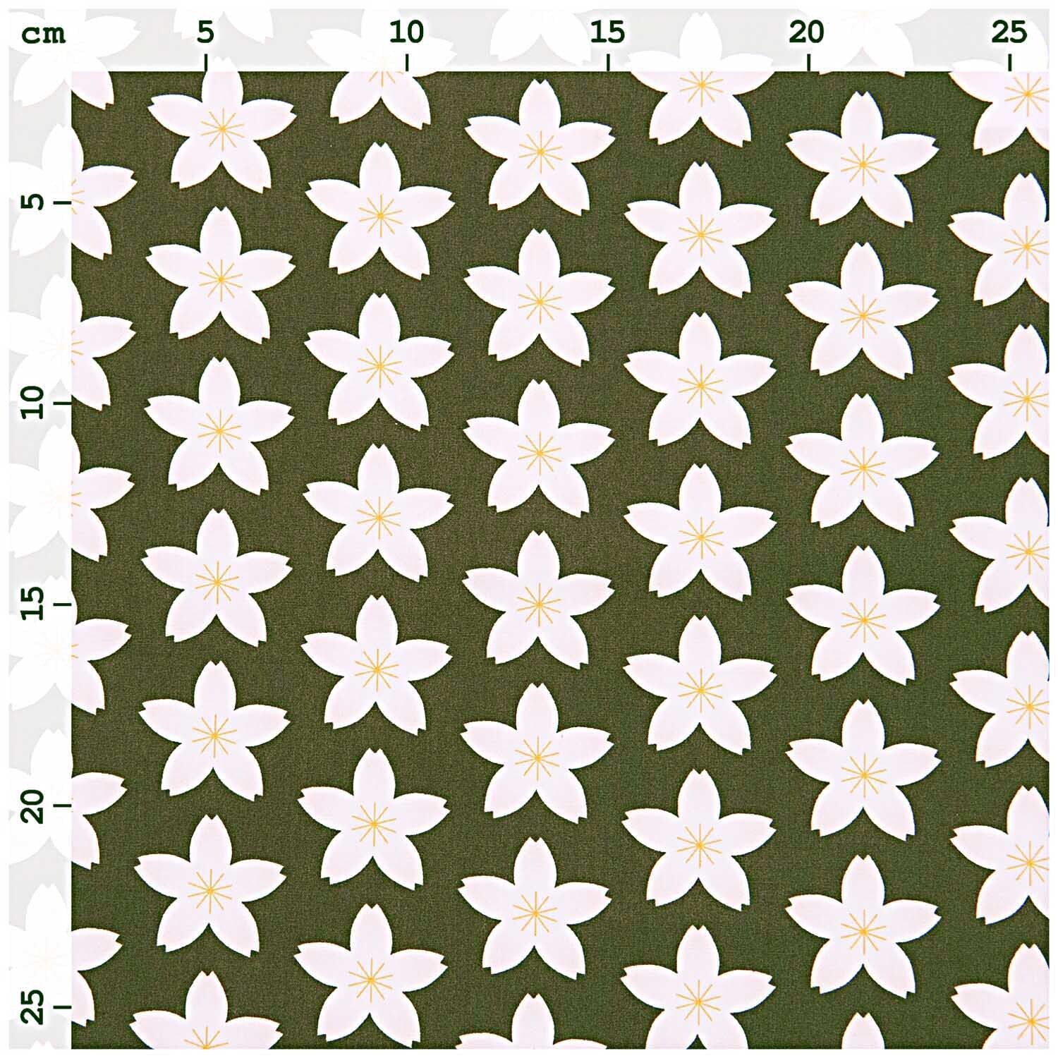 Stoffabschnitt Baumwoll-Popelin oliv Kirschblüten 50x140cm von Rico Design Stoffabschnitt Baumwoll-Popelin mit Kirschblütenmuster auf olivfarbenem Hintergrund, 50x140cm. Ideal für Nähprojekte. Marke: Rico Design.