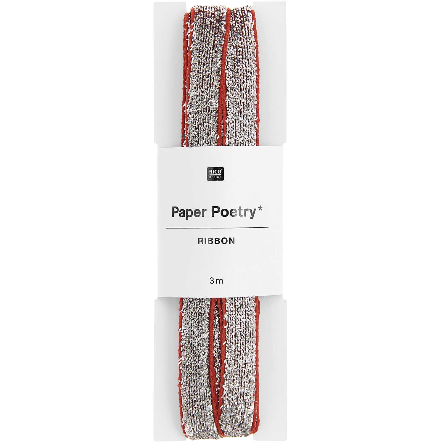 Paper Poetry Glitzerband 10mm 3m Farbe Rot-Silber von Rico Design Paper Poetry Glitzerband in Rot-Silber, 10mm breit, 3m lang, von Rico Design, auf Kartonhalterung.