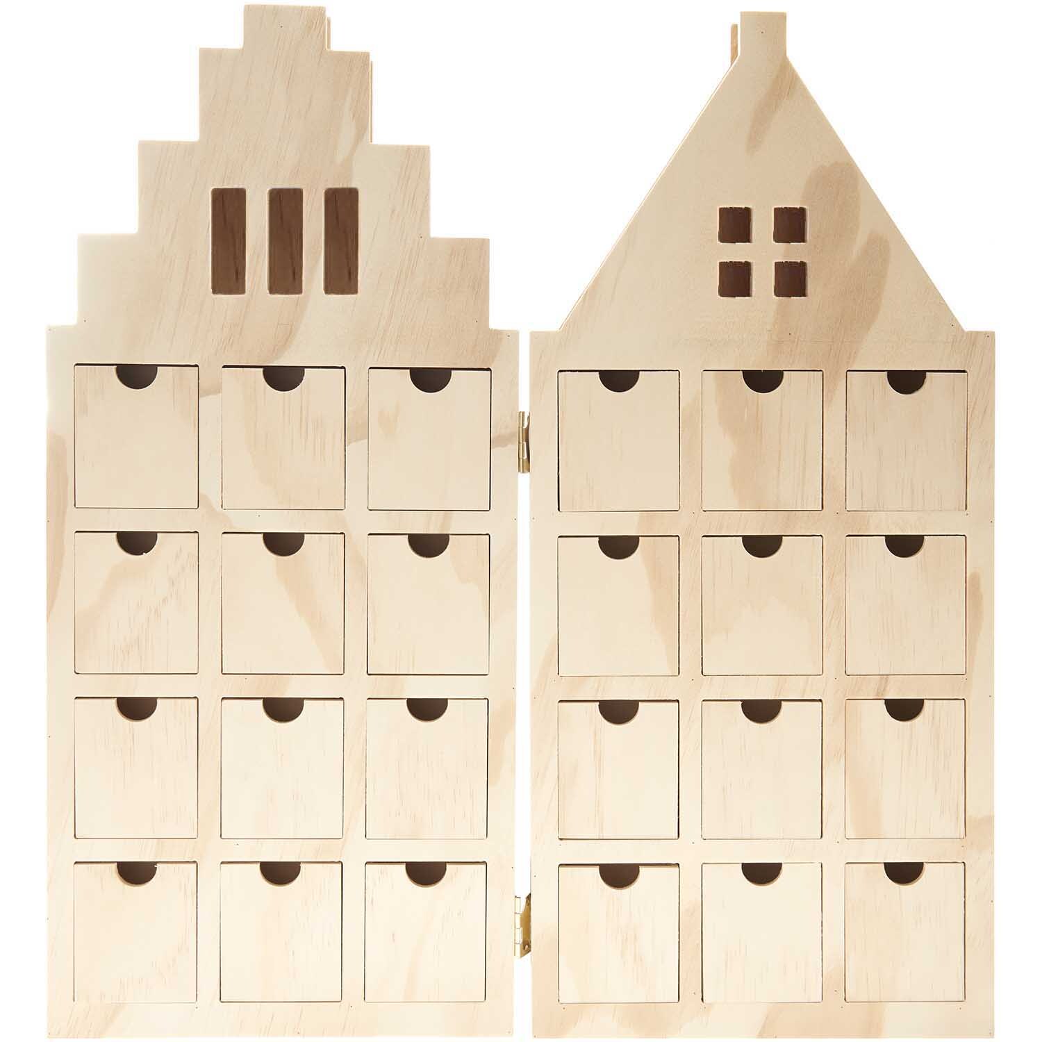Adventskalender Haus aus Holz 46,5x51x5cm von Rico Design Adventskalender Haus aus Holz mit 24 kleinen Schubladen, ideal für die Weihnachtszeit. Marke: Rico Design.